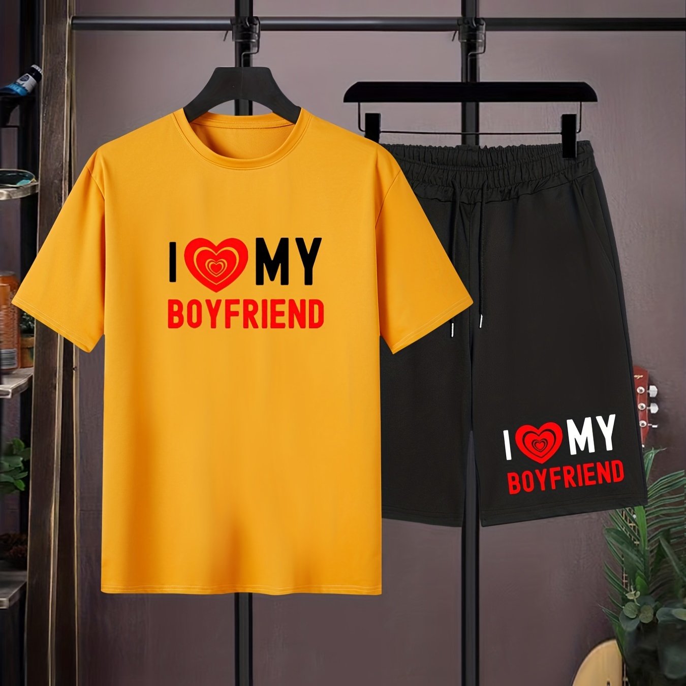 I Love My Girlfriend Casual Slightly Stretch Graphic Drawstring Shorts,  Men's Clothes For Summer