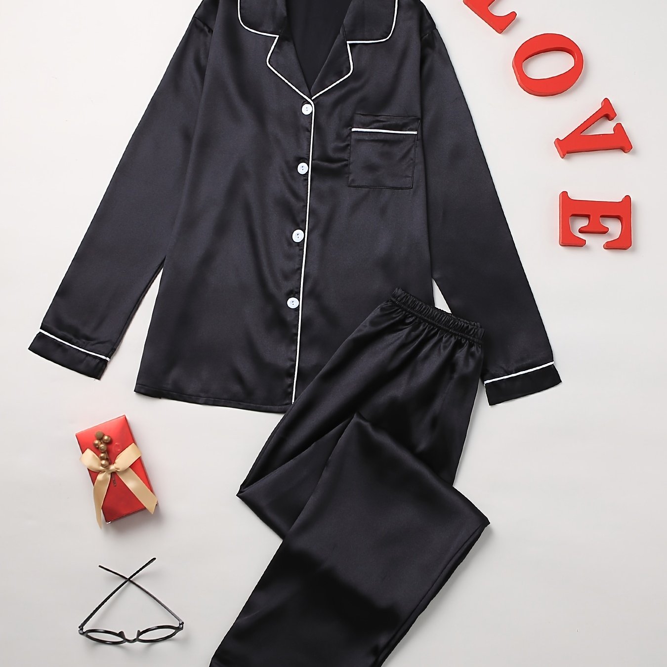 Solid Pajama Set Long Sleeve Button Lapel Top Pants Pj Set - Temu