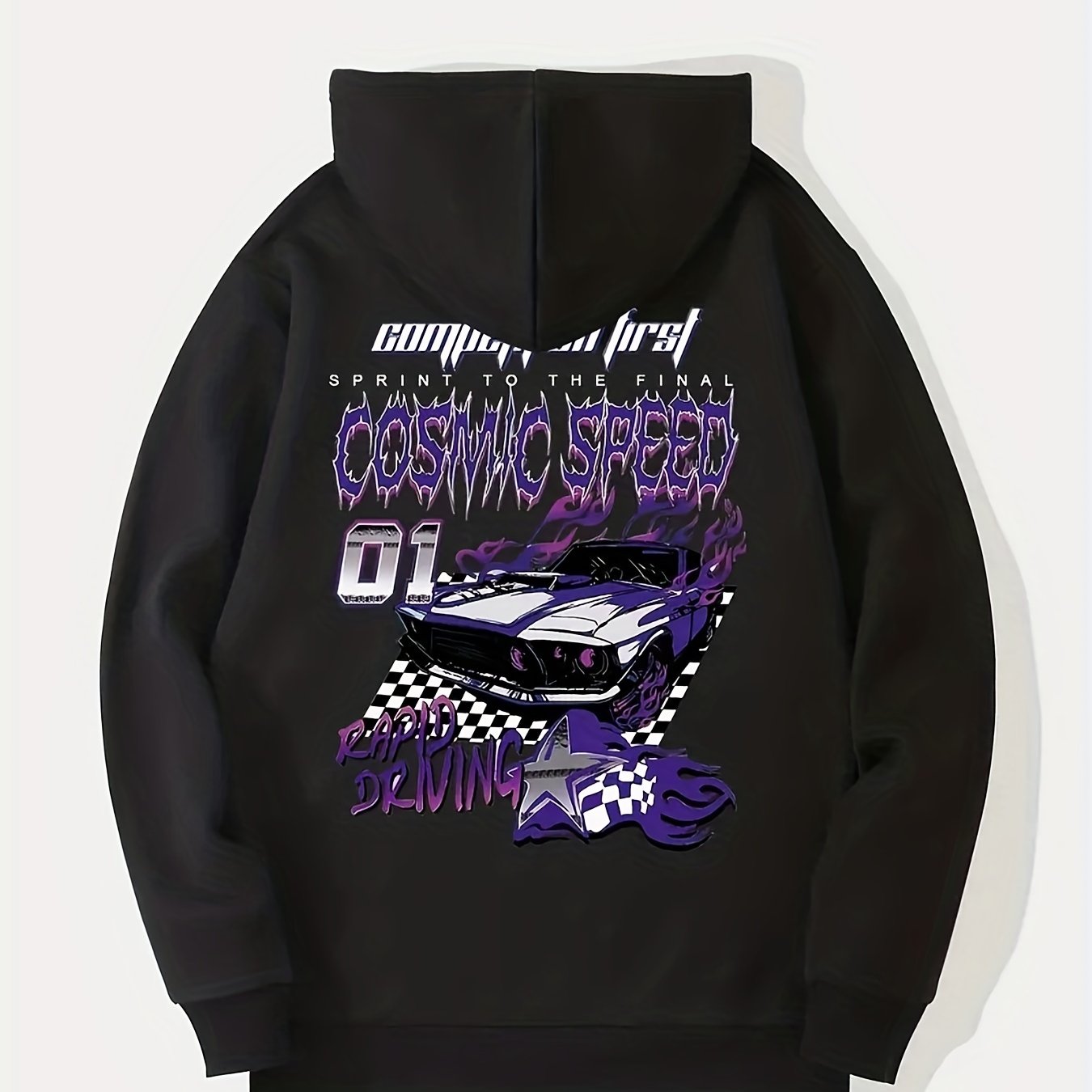 Men's Casual Car Graphic Print Long Sleeve Hoodie, Oversized Loose