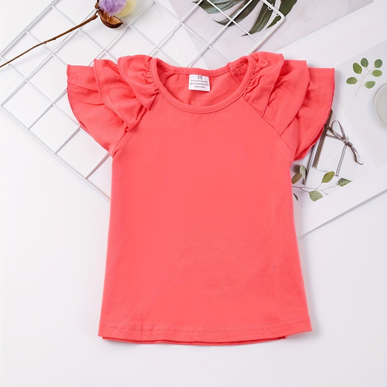 Toddler Girls Ruffled Sleeves Crew Neck Casual T-shirt Tops Kids Summer ...