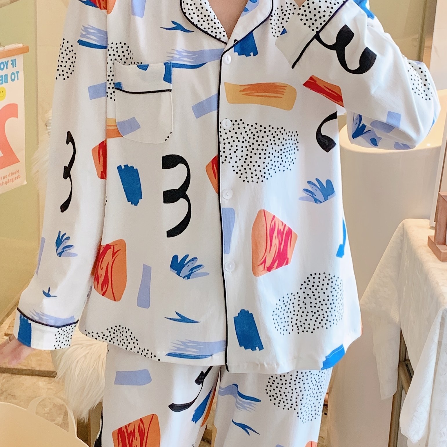 Geometric Print Pajama Set, Long Sleeve Button Up Top & Elastic Waistband  Pants, Women's Sleepwear & Loungewear - Temu Germany