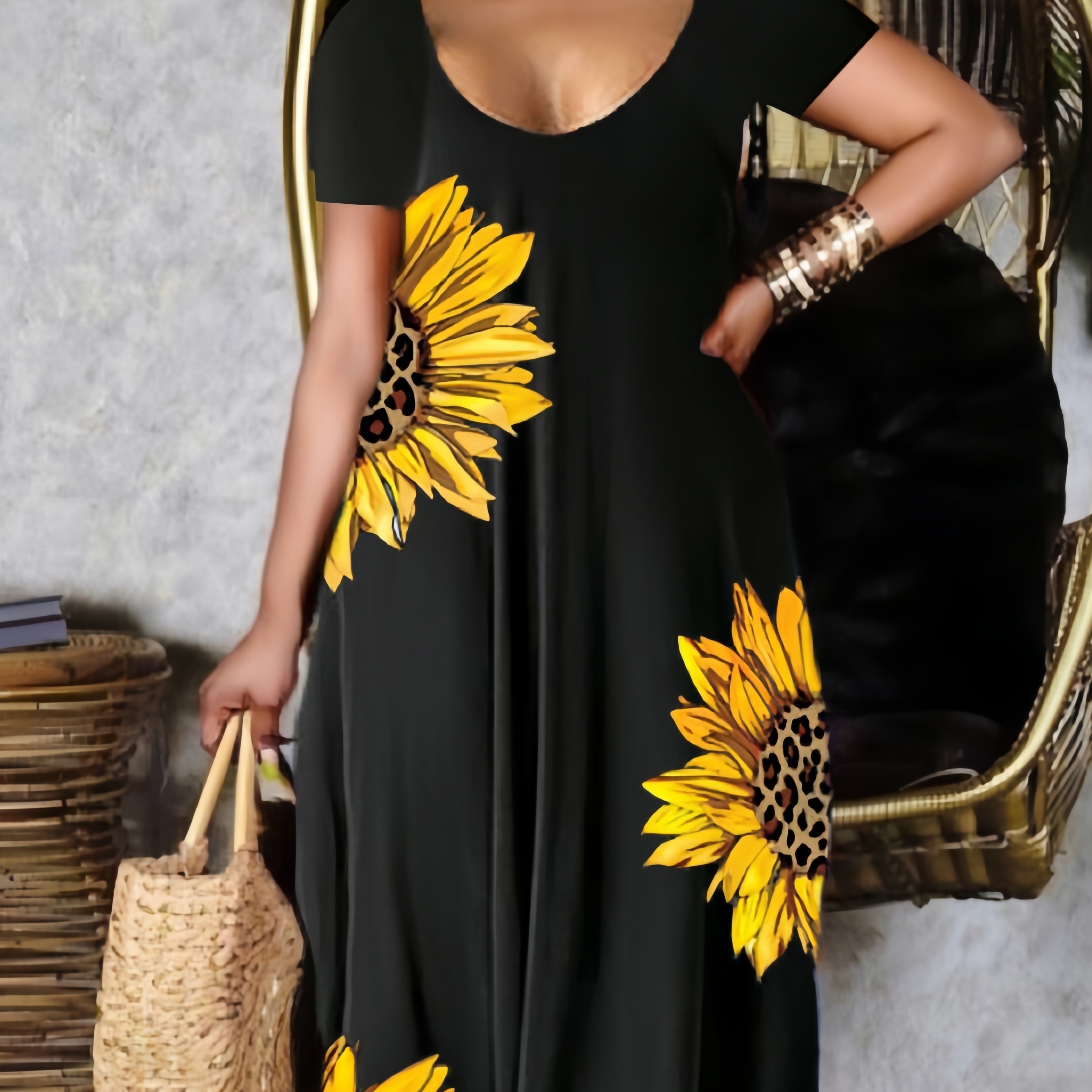 leopard sunflower pocket print dress casual crew neck short sleeve dress womens clothing