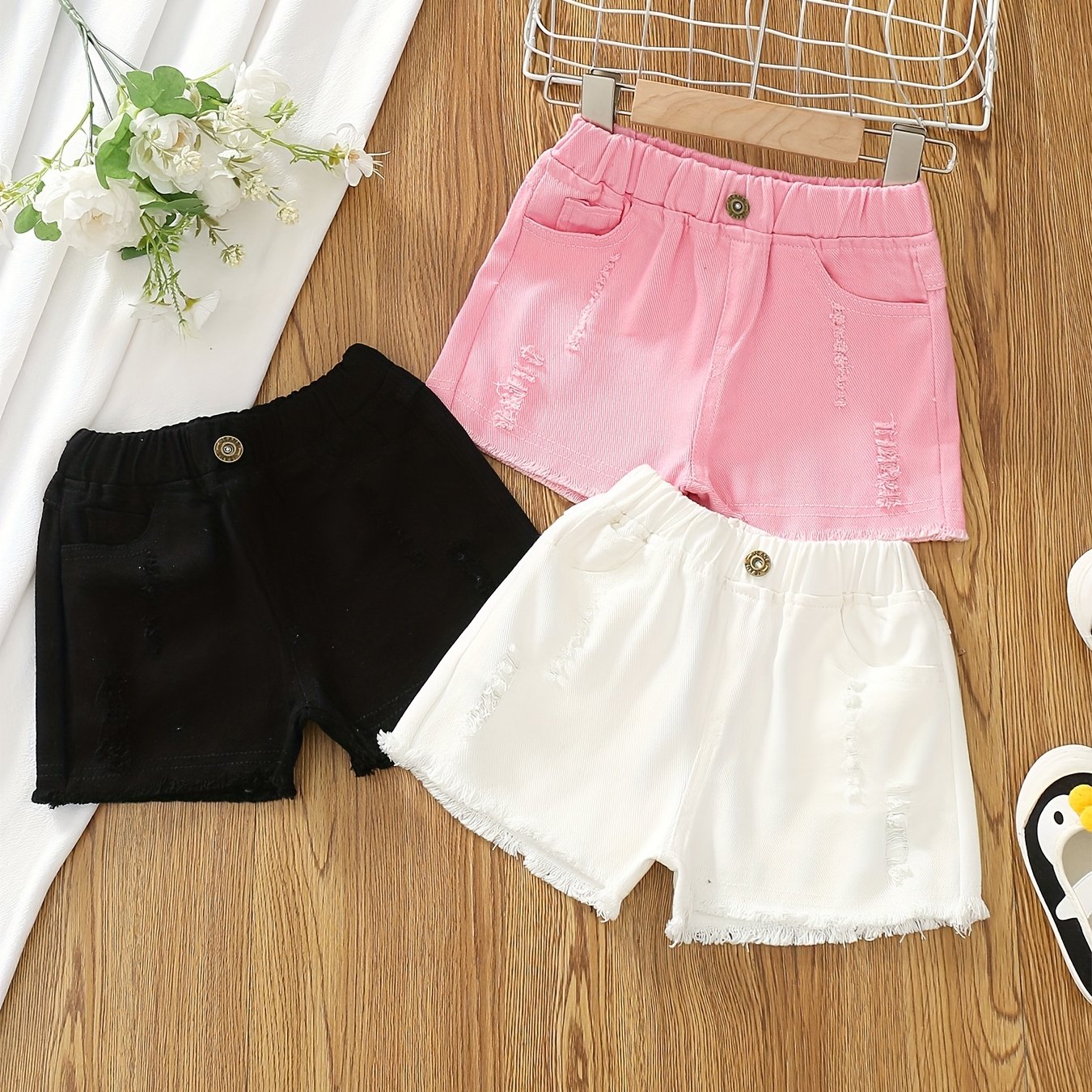 Image of Summer ' Ripped Shorts Three-piece Set Button Casual Hot Pants For Toddlers To Tween Girls Thin Outer Wear Pants Solid Color, Perfect For Outdoor