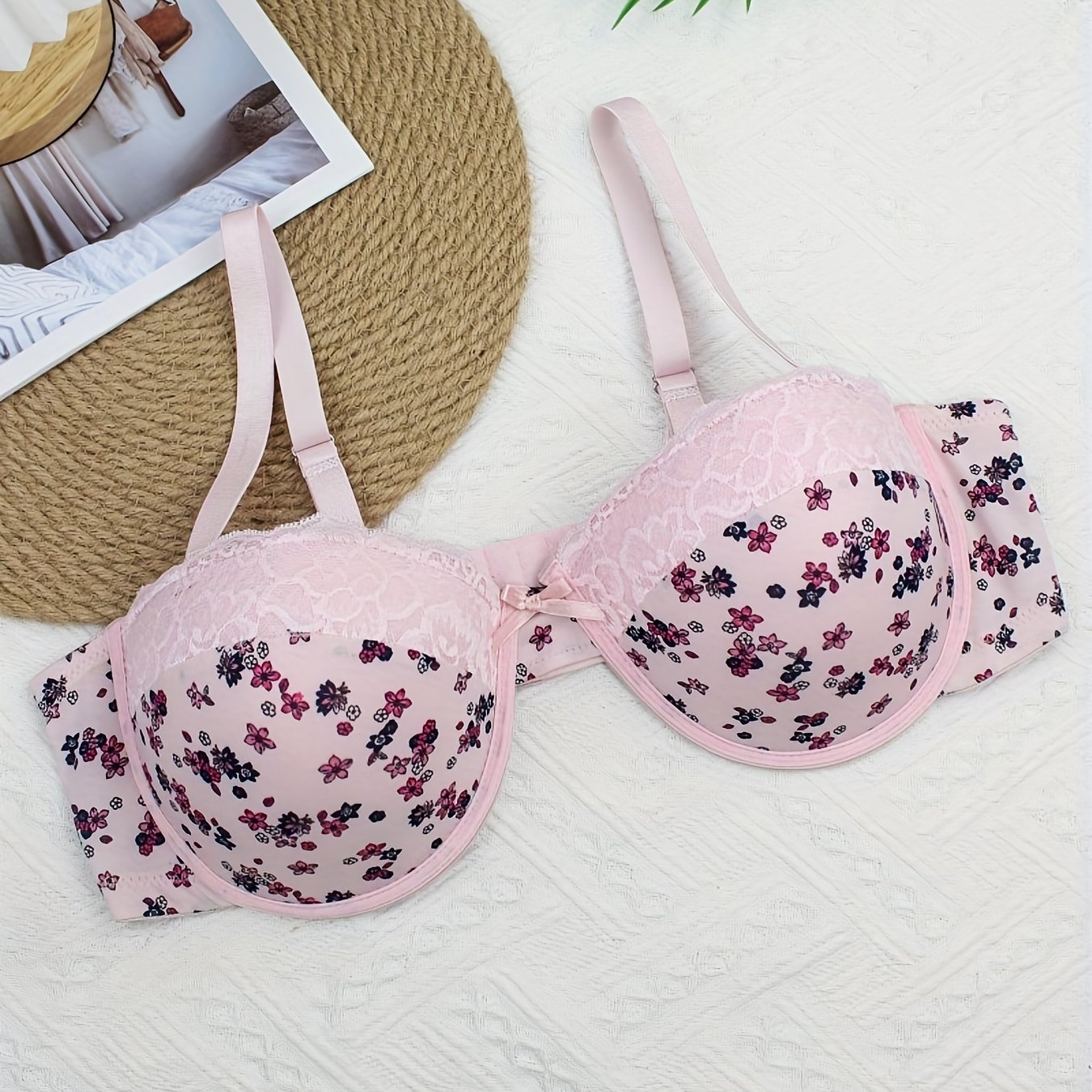 Plus Size Floral Print Knot Front Push Up Bra, Women's Plus Medium Stretch  Bra, Lingerie