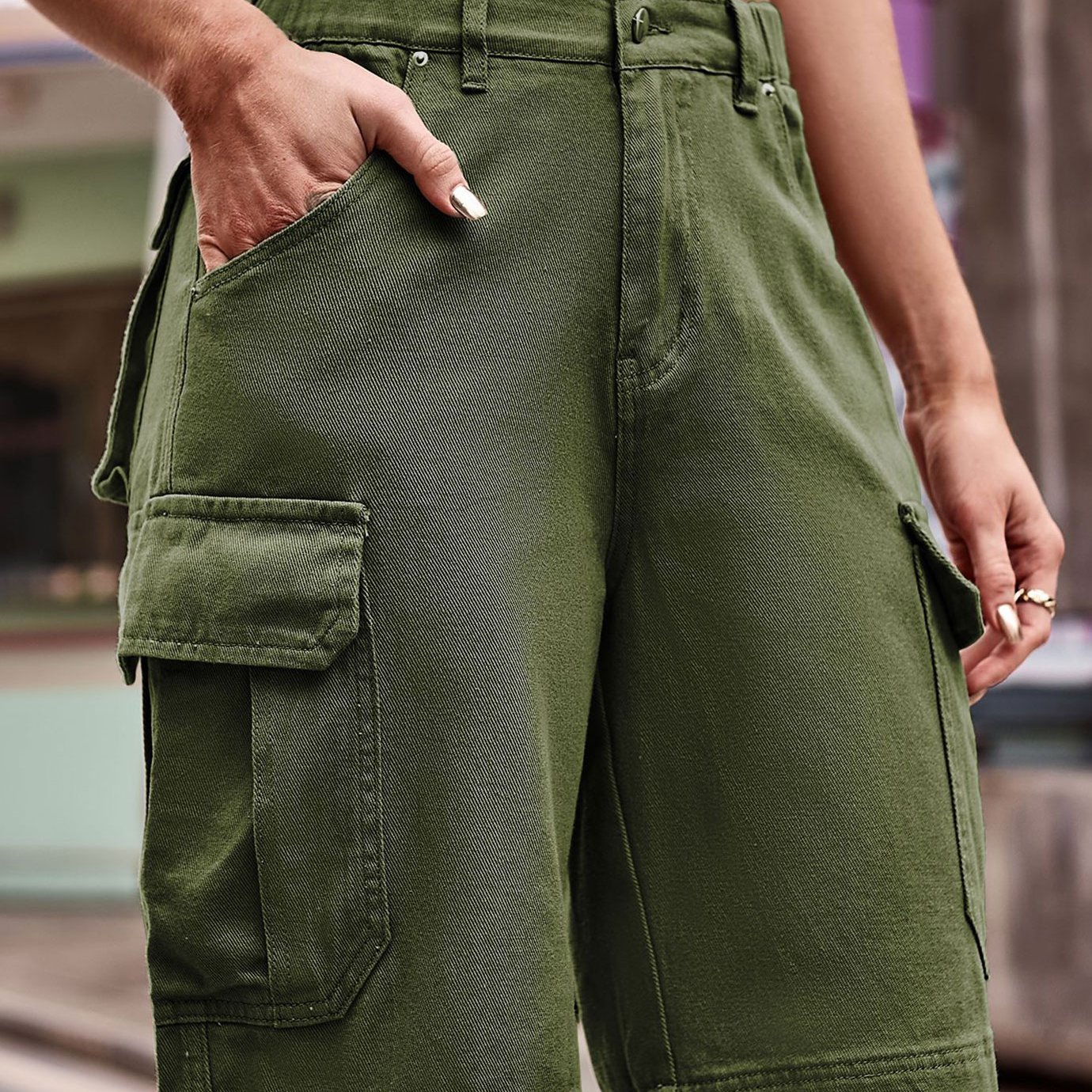 Pantalones Cortos De Mezclilla Cargo Verde Militar, Bolsillos Con Solapa,  Piernas Rectas, Cintura Elástica, Pantalones Cortos De Mezclilla, Estilo Kpo