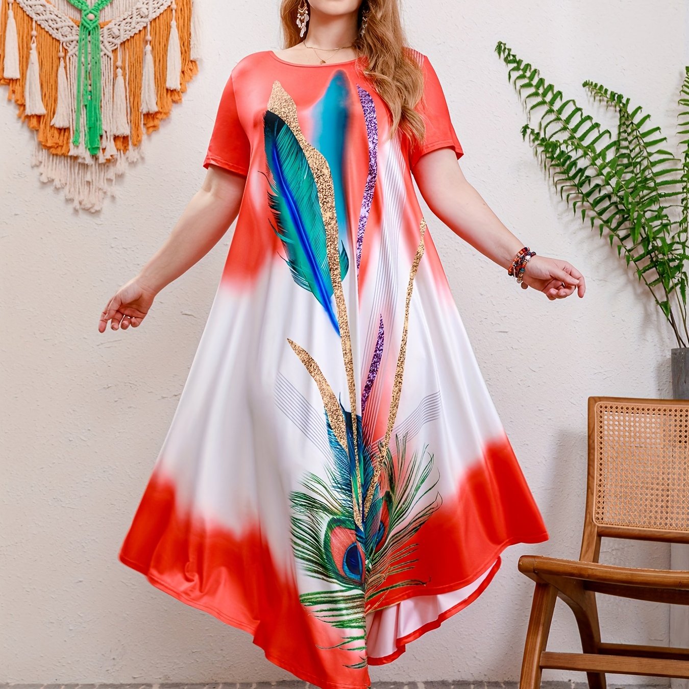 Plus size casual dress women s plus floral print short sleeve round
