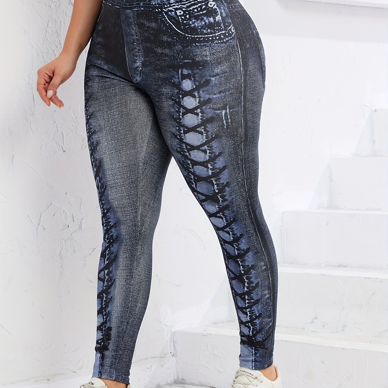 Niuer Women Cross 3D Printed Jeans Ladies Stretch Leggings Slim Leg Running  With Pockets Casual Denim Trousers 