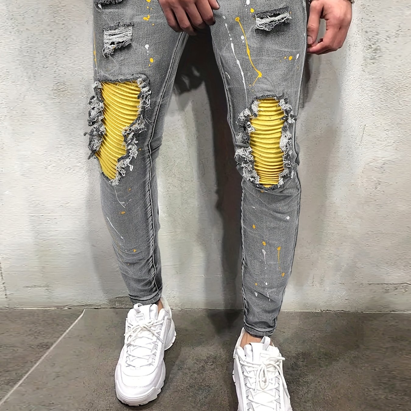 Jean pour homme style imprimé Europe Amérique slim déchiré pantalon crayon  tendance à rayures verticales peinture à l'huile pantalon denim :  : Mode