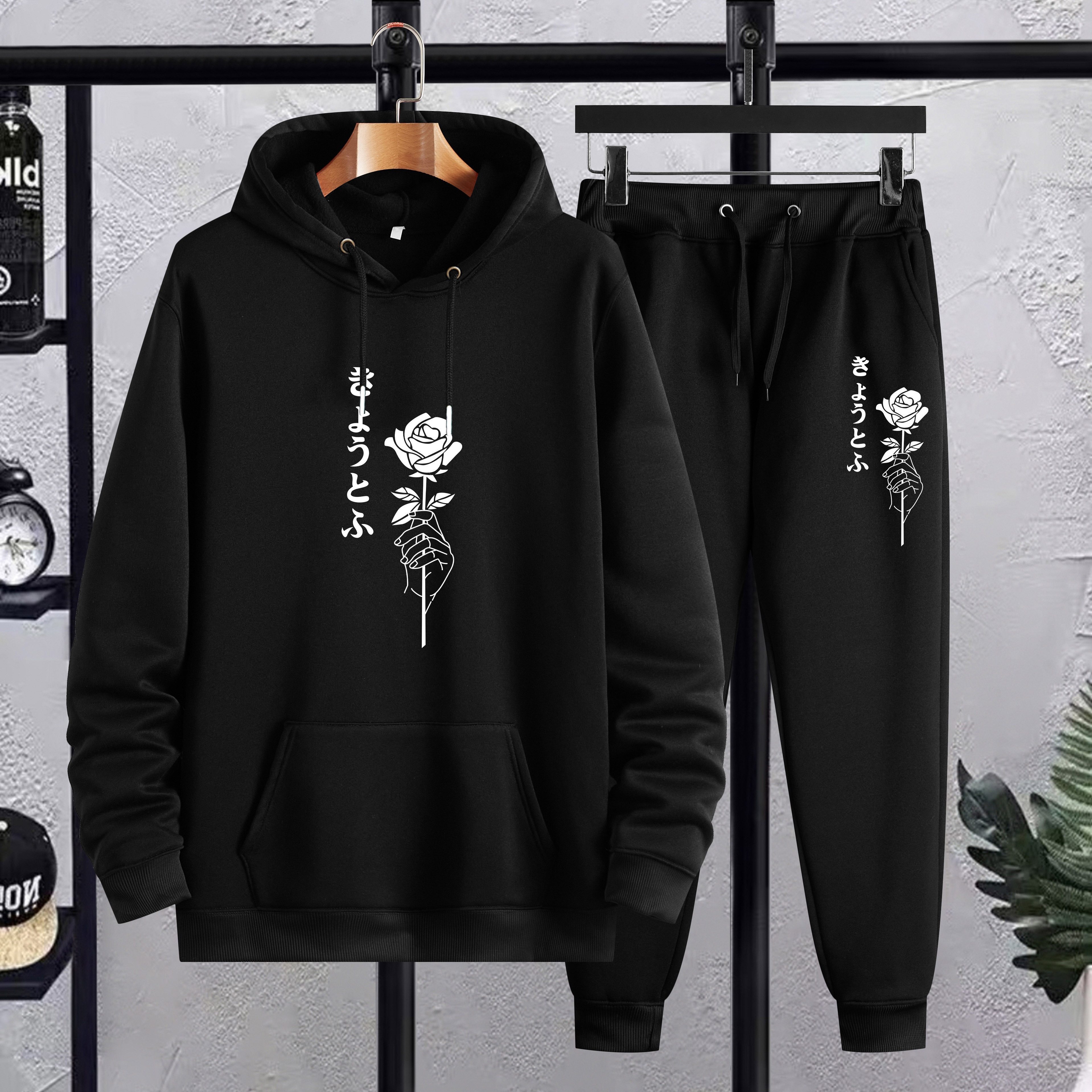 TEMU "rose" Element Graphic Print Men's Casual Hoodies & Pants Sets, Oversized Loose Clothing Plus Size For Winter Fall