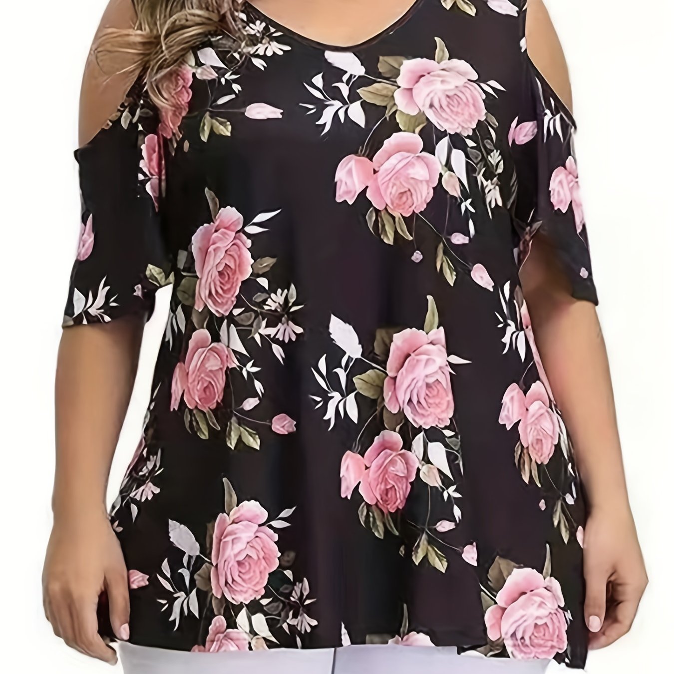 Plus Size, Floral Off-shoulder T-shirt Plus Size Women's Top