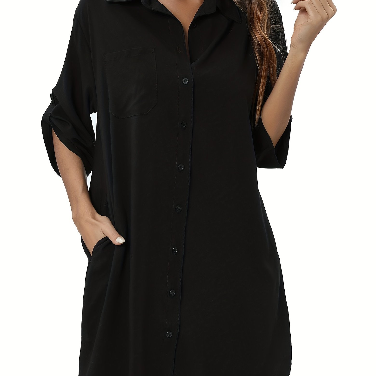 Button Pocket Shirt Dress Casual Half Sleeve Dress For Spring Summer ...