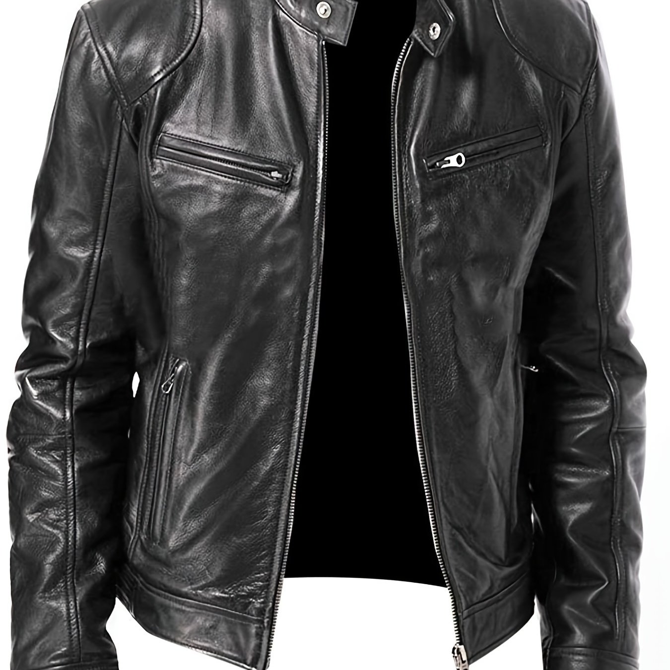 Men's Fall Winter Pu Leather Jacket Full Zip Stand Collar Motorcycle ...