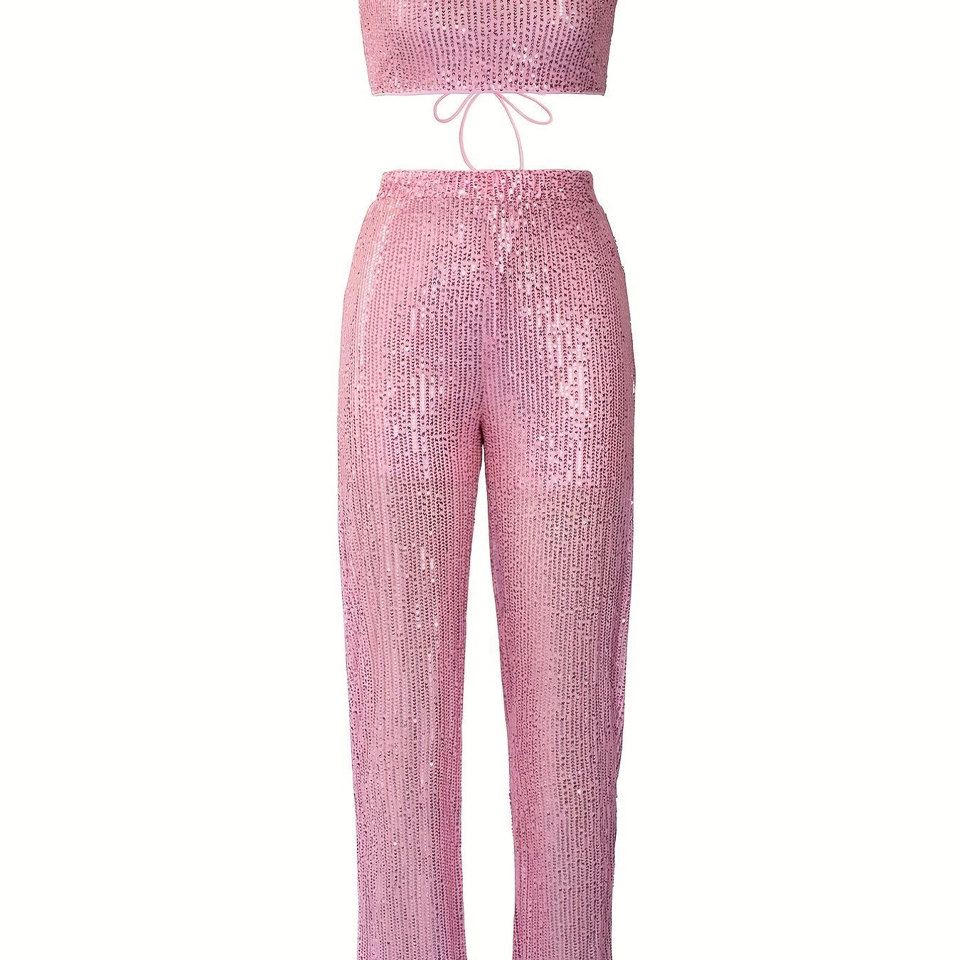 Pink Sequined Two Piece Set Crop Tube Top Elastic Waist Pants 2pcs 