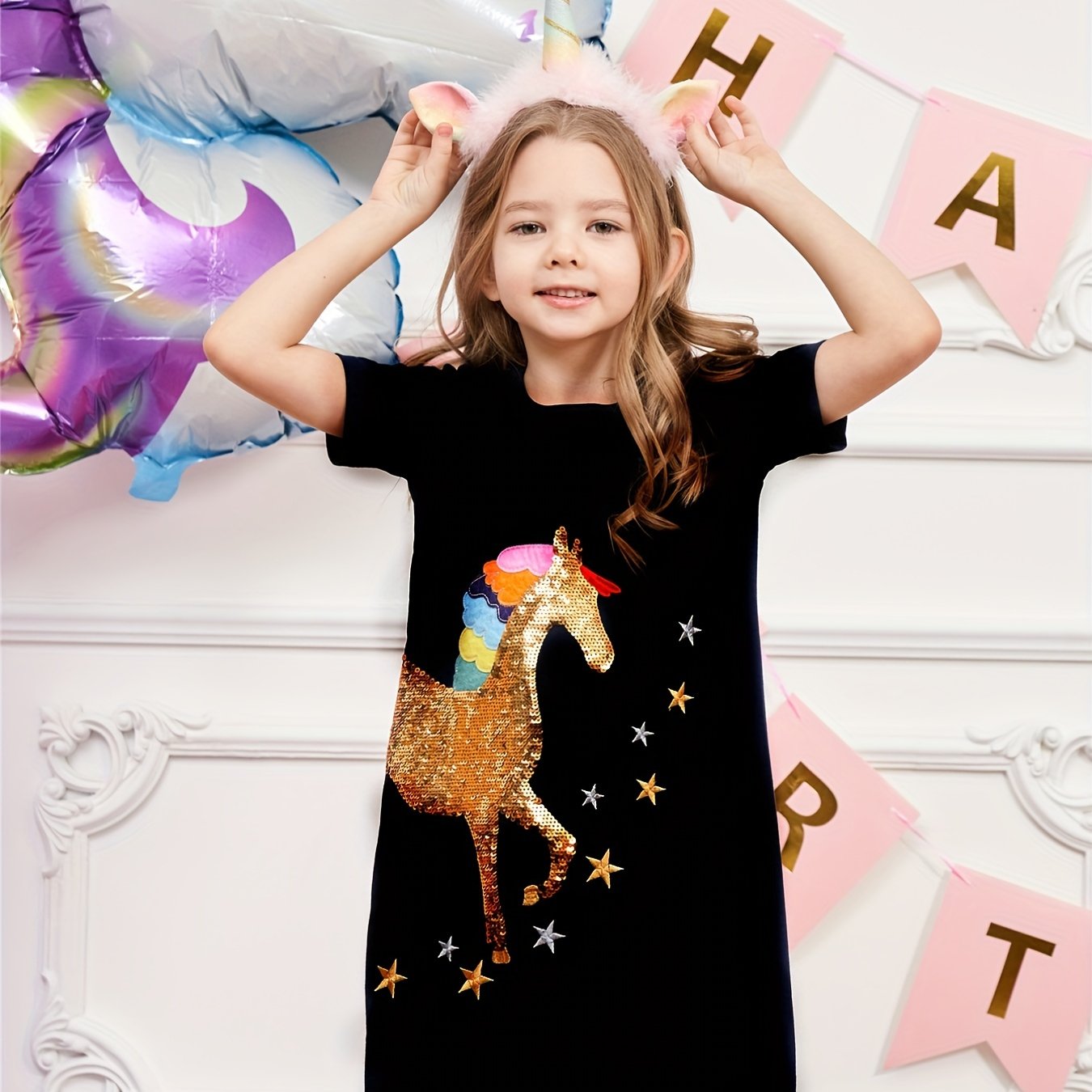 Image of Girls' Summer Dress, A-line Dress For Children, Casual Unicorn Outfit For Girls, Model Sh5810