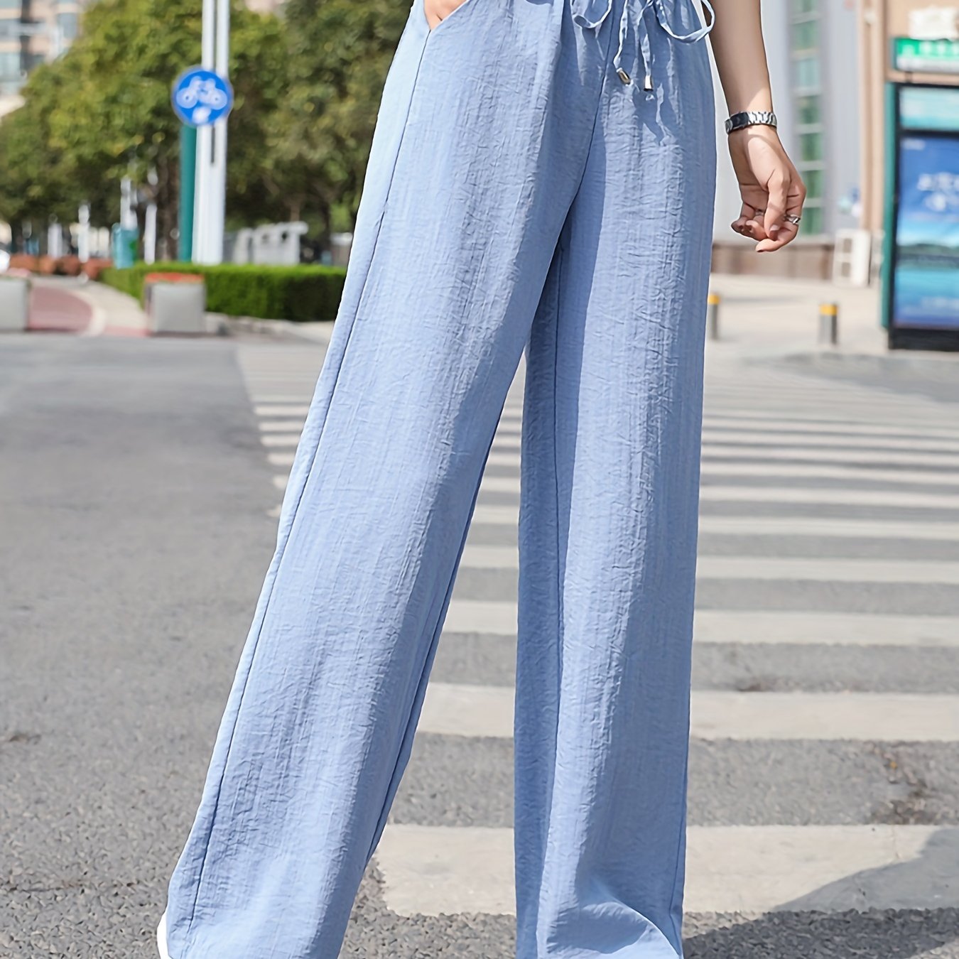 MRULIC Plain Wide Leg Trousers for Women Casual Straight Elastic Pants  Loose Bandage Pants with Drawstring Casual/Home/Yoga : : Fashion