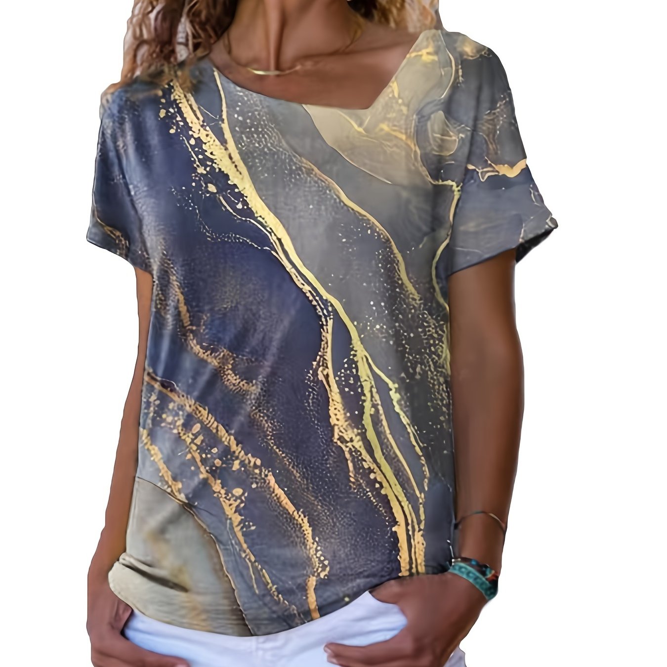 Marble Print Asymmetrical Neck T Shirt Casual Short Sleeve T Shirt For ...