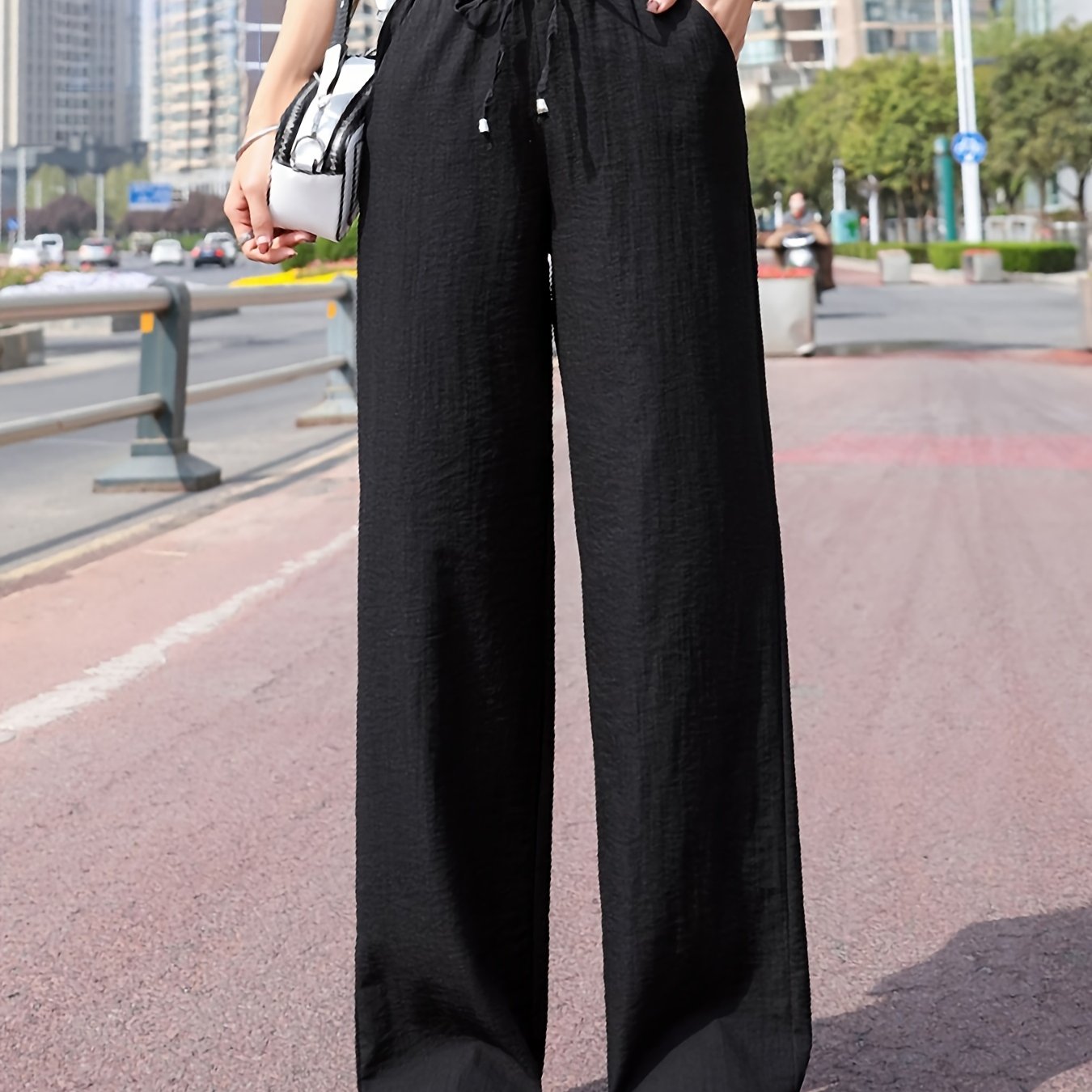 Minimalist Solid Drawstring Pants Casual Long Length Elastic