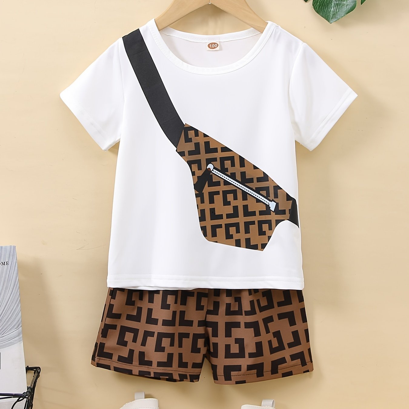 Boys Crossbody Bag Print Casual Outfit Round Neck T Shirt Shorts