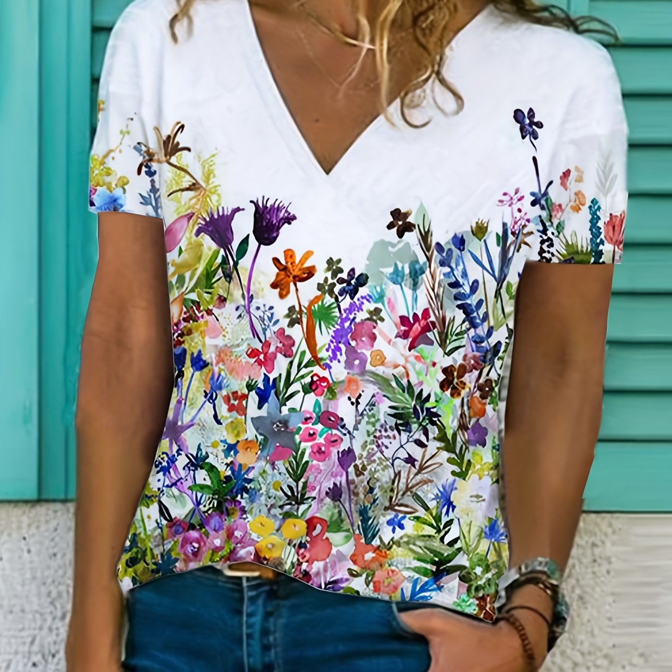 Plus Size Casual T Shirt Women's Plus Floral Print Short Sleeve V Neck ...