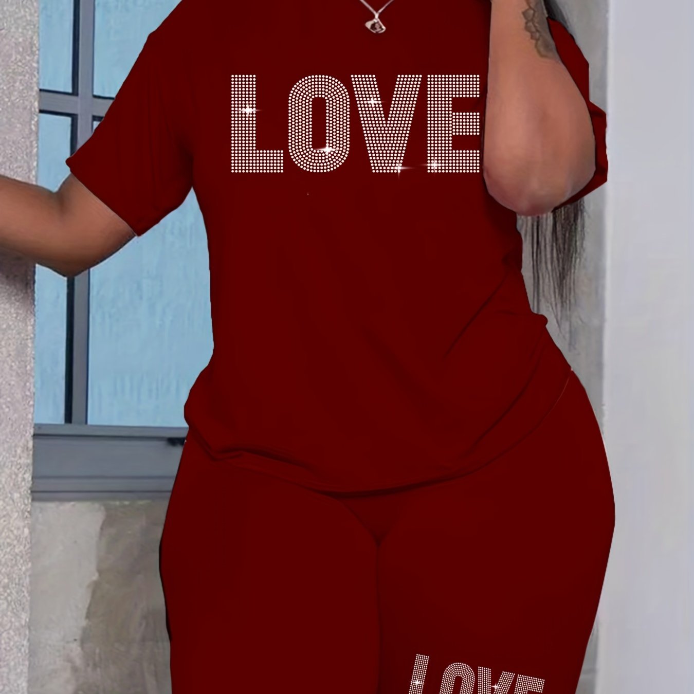 E-shop Damen-Übergröße Casual Polyester T-Shirt und Shorts Set, Rundhalsausschnitt Kurzarm Strickstoff mit Buchstabenspruch, Mittlere Stretch Tägliche