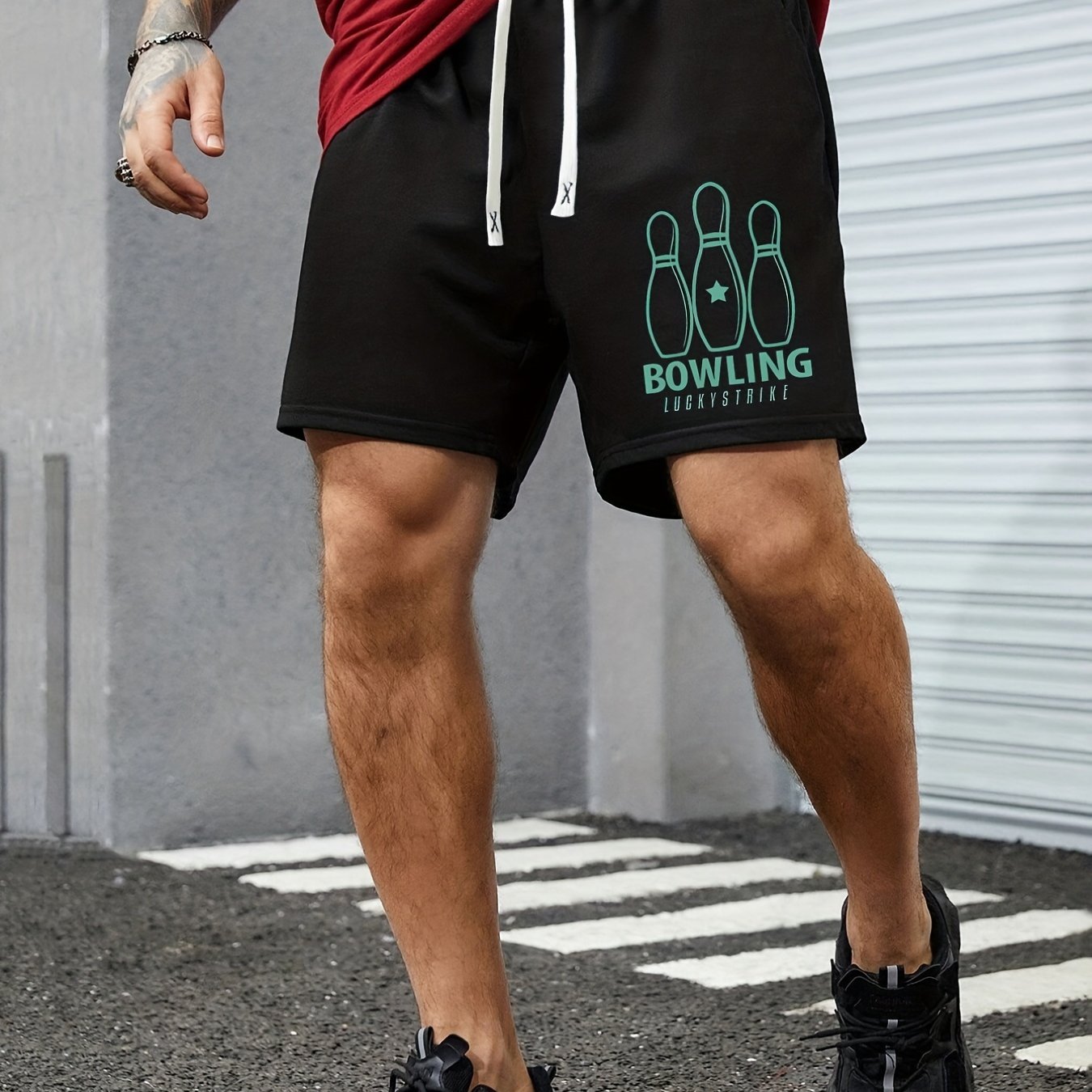 TEMU ''bowling'' Print, Men's Activewear, Breathable Comfy Drawstring Shorts