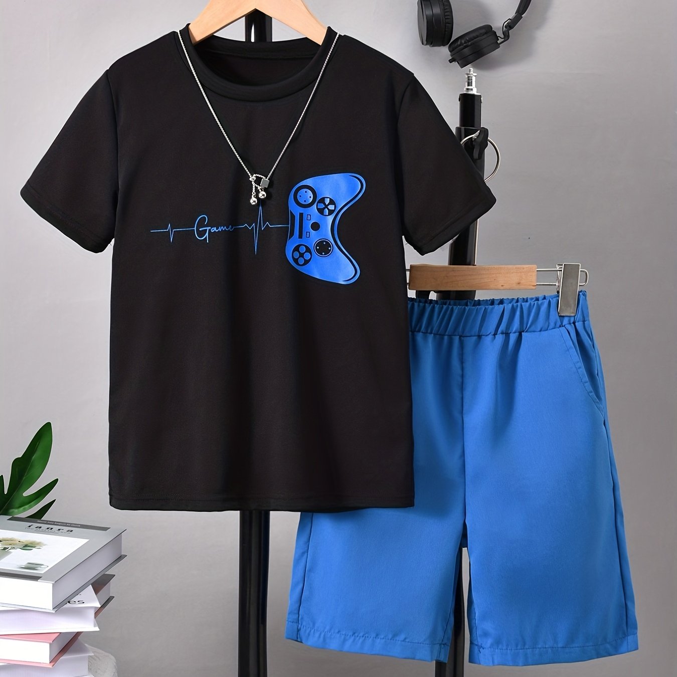 Boys' Gaming Short Sleeve Set, Perfect For Outdoor