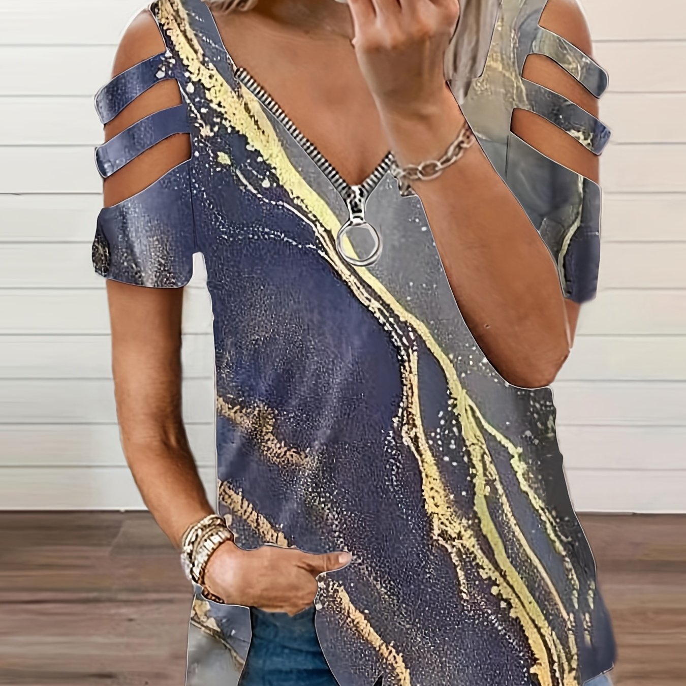 Marble Print Cut Out Sleeve T Shirt Casual Zipper V Neck Versatile T