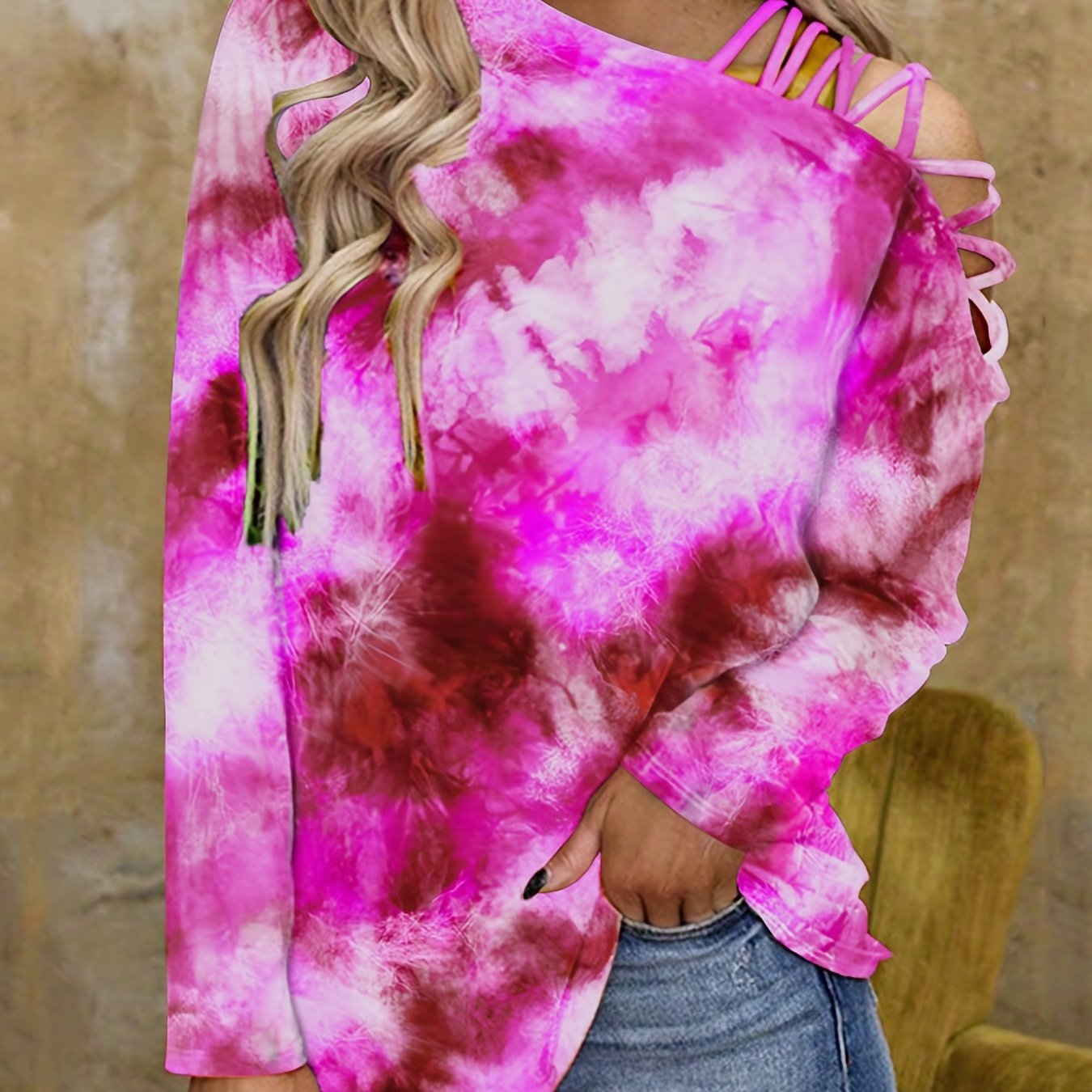 Tie Dye Cold Shoulder Striped T Shirt Casual Long Sleeve T Shirt For tie-dye-cold-shoulder-striped-t-shirt-casual-long-sleeve-t-shirt-for