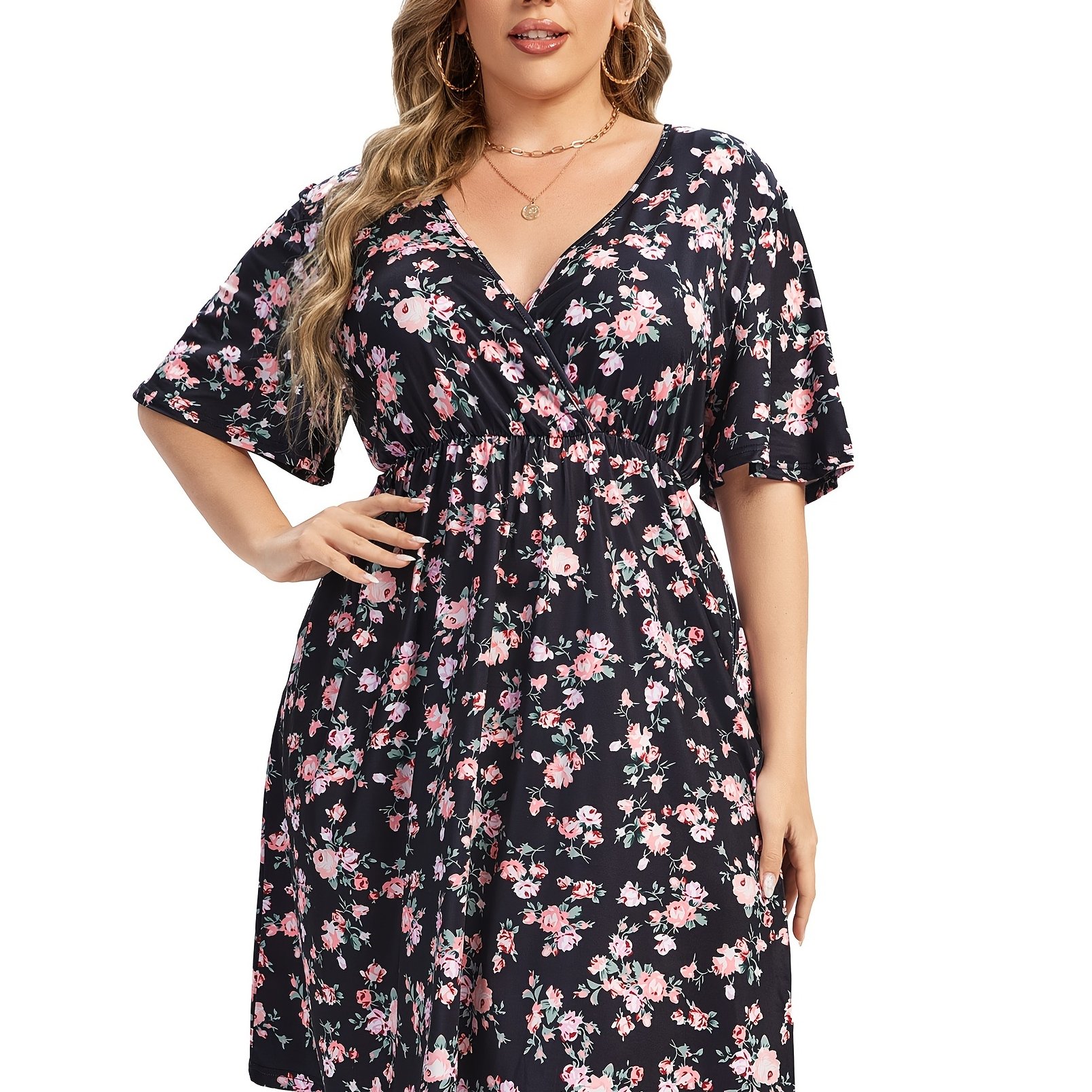 Plus Size Elegant Dress Womens Plus Floral Print Short Sleeve V Neck Medium Stretch Dress 9301