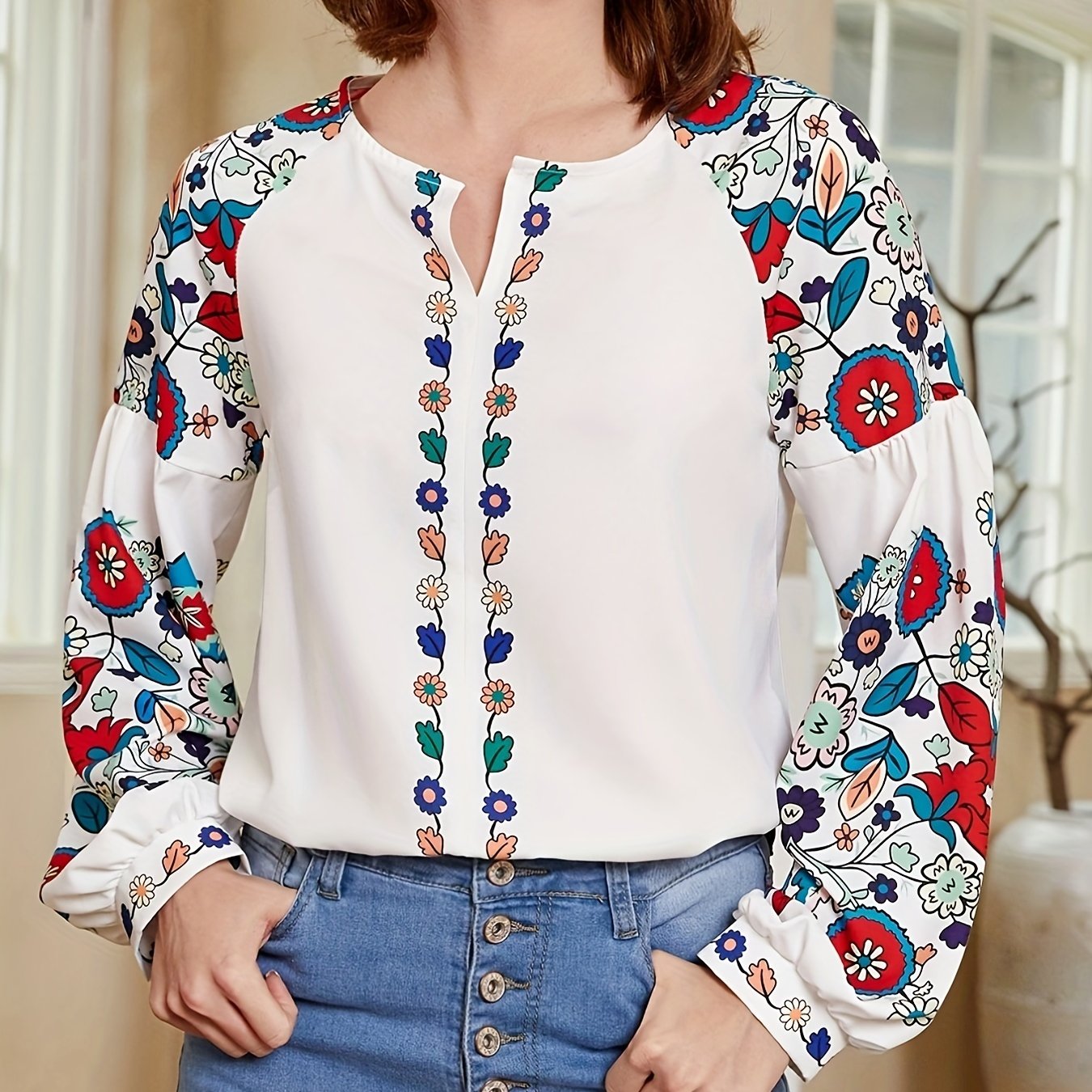 Women's Tops Sleeve Loose V Neck Shirt Floral Print Pom Trim - Temu