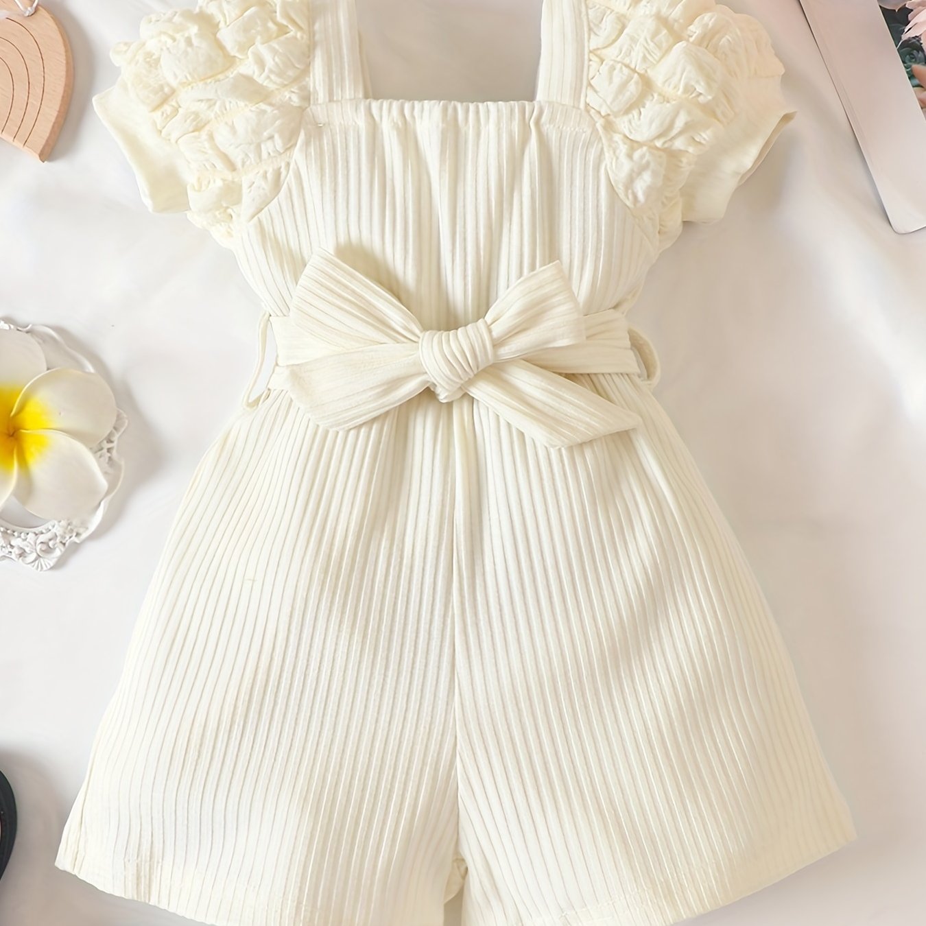 Summer Baby Girl Bubble Sleeve Belted Solid Color Stylish Jumpsuit, For Outdoor