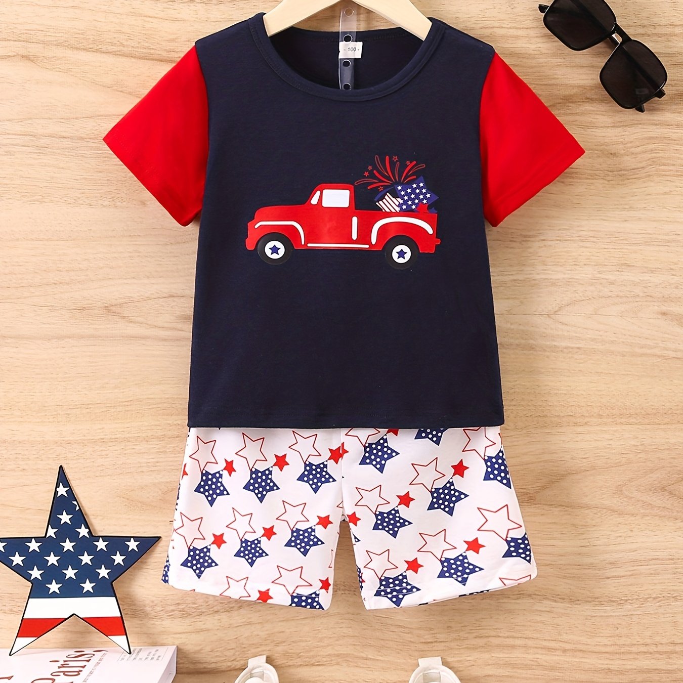 2pcs Boys Teen Casual Cute Car Graphic Print Round Neck T Shirt Star 2pcs-boys-teen-casual-cute-car-graphic-print-round-neck-t-shirt-star