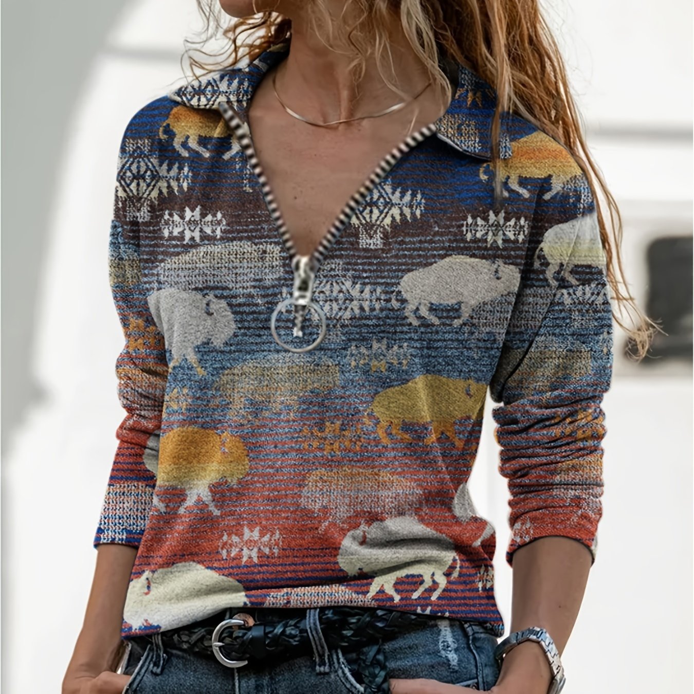 Ethnic print t shirt casual zipper long sleeve t shirt with a collar
