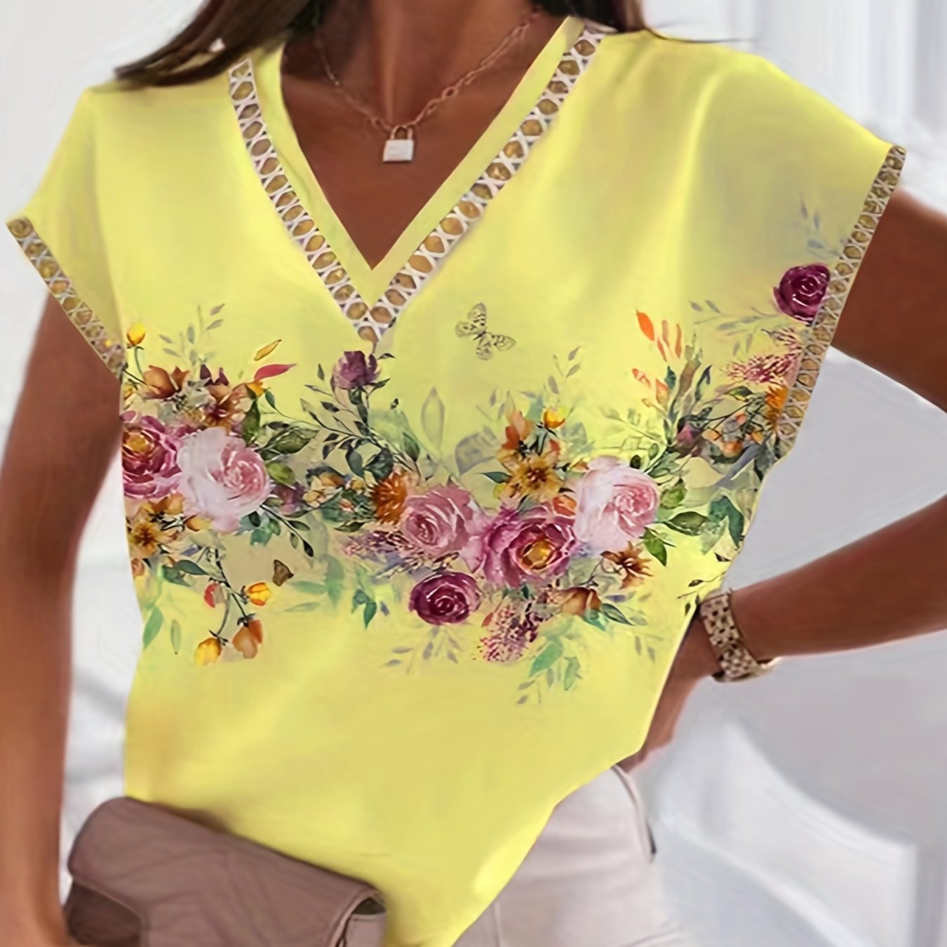 Floral Print T Shirt Elegant V Neck Short Sleeve Summer T Shirt Womens Clothing Shop Now For 0742