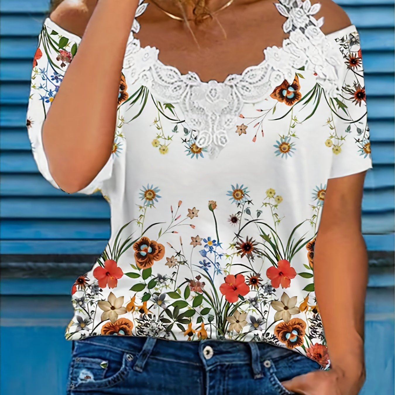 Floral Print Lace Strap T Shirt Casual Top For Spring Summer Women's ...