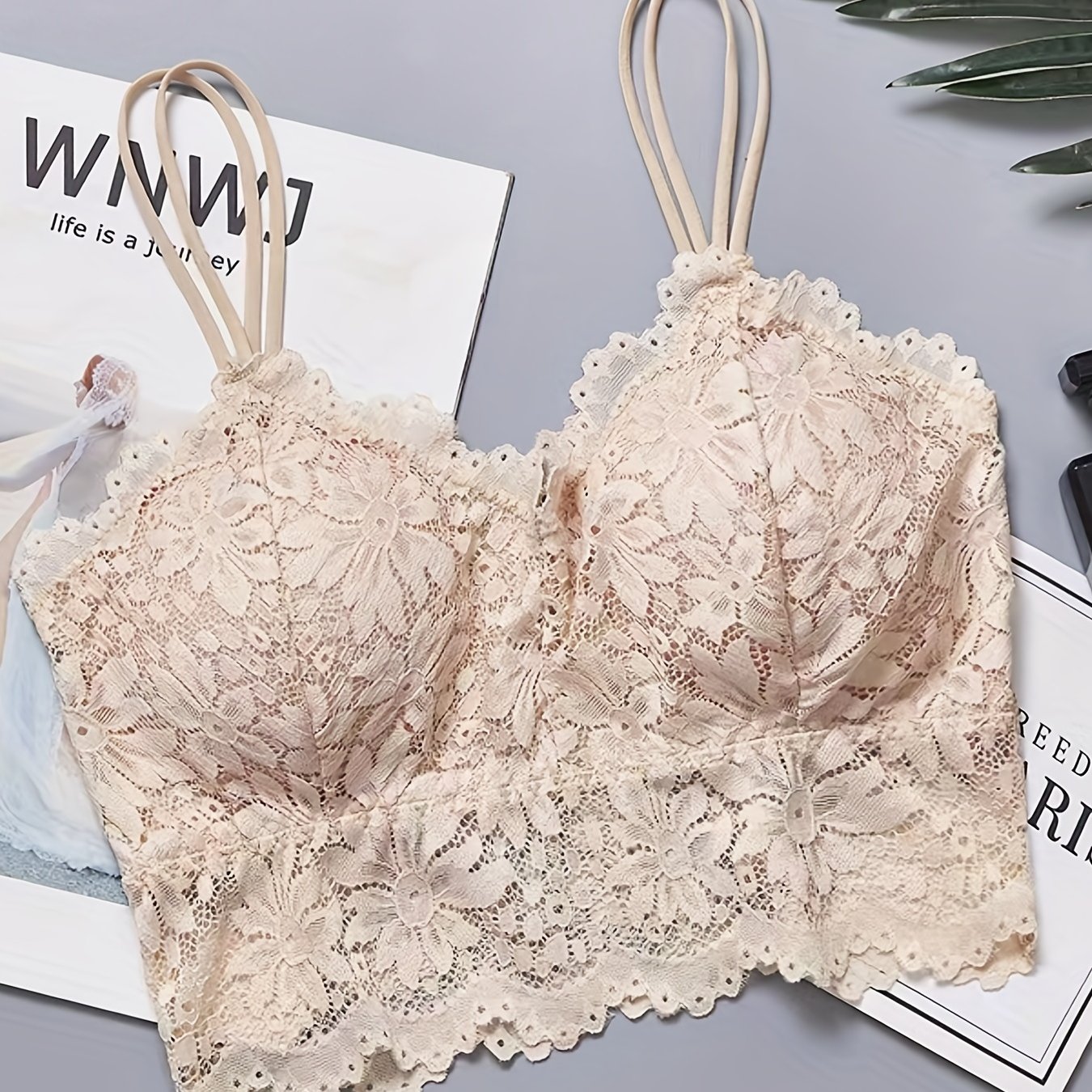 Tiny Flower Lace Trim Soft Cup Wirefree Bralette, Bras