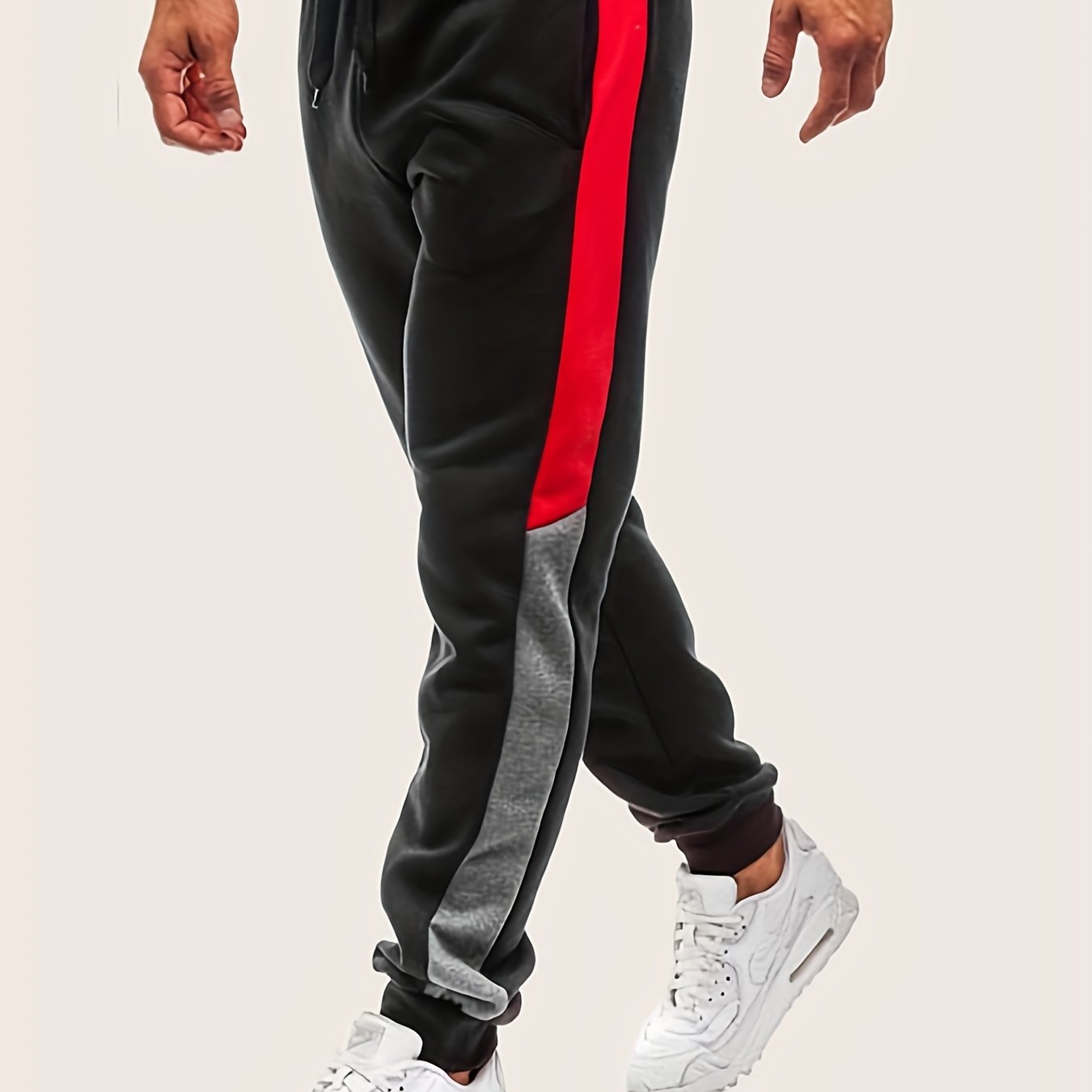 Image of Men's Fashion Athletic Long Pants, Contrast Color Athletic Trousers, Casual Pants, Lightweight