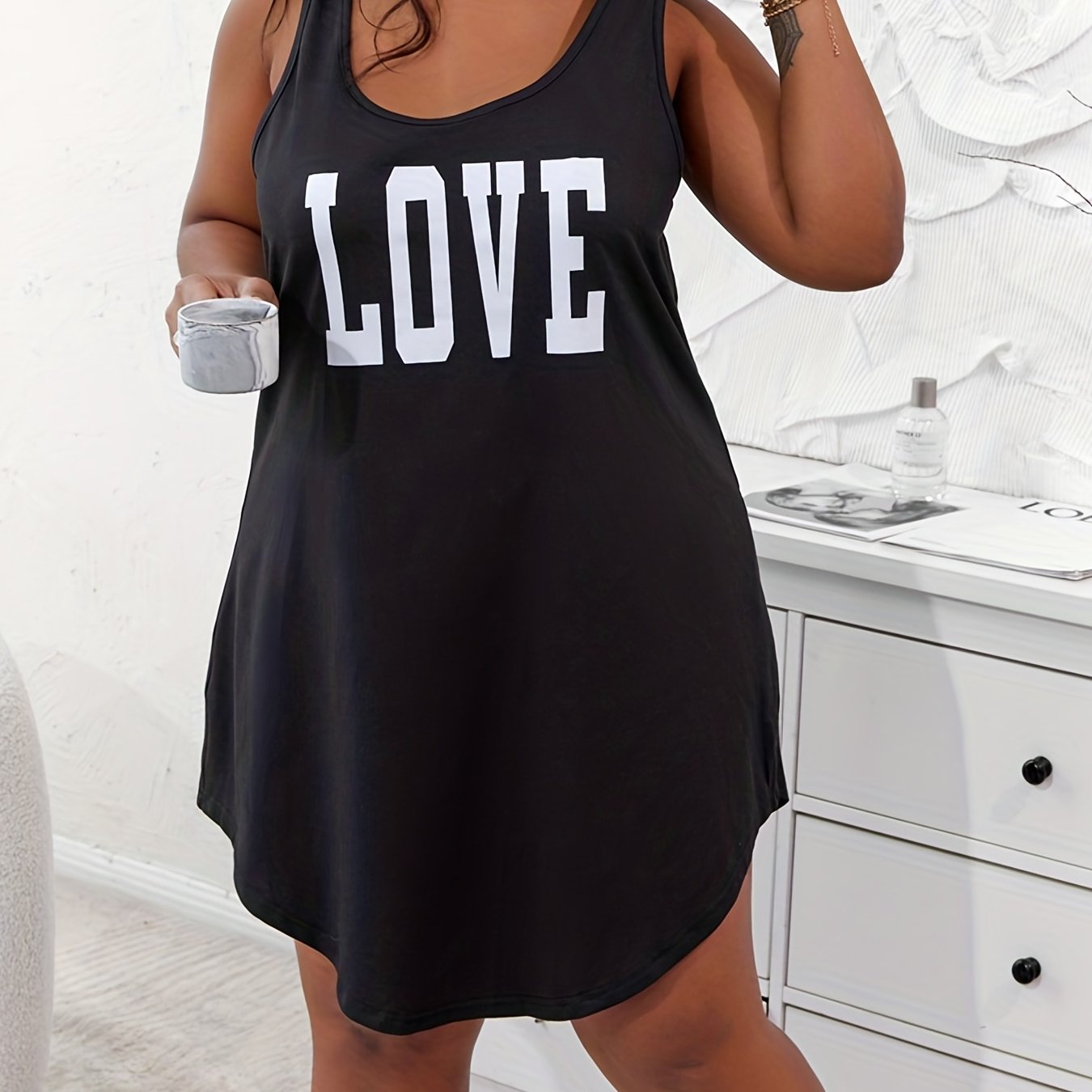 Image of 's Sleeveless Nightgown - Summer Sleepdress Back Print & Boat Neck, Short A-line Dress For Bed To Lounge, Machine Washable Pajama Dress (casual Sleepwear For S)