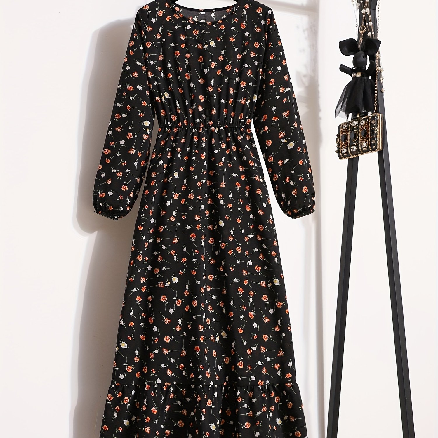 Floral Print Crew Neck Dress Casual Long Sleeve Dress For Spring Fall