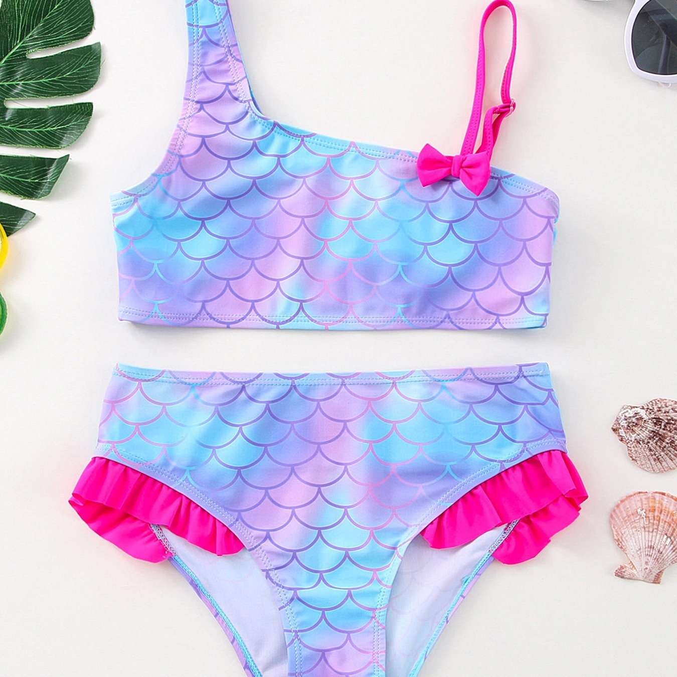 Girls' Set, Fish Scale Pattern Striped Print Swimwear Girls' Swimsuit