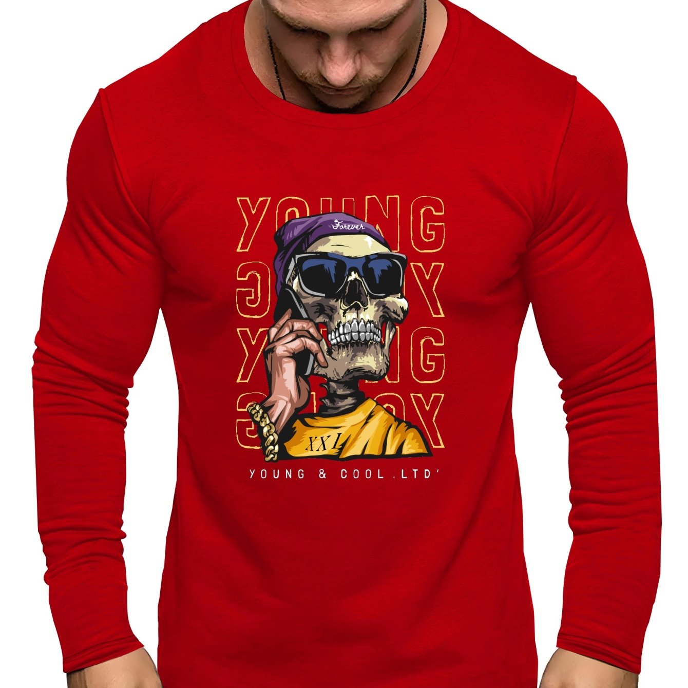 Plus Size Men's Long Sleeve Skull Print T Shirts Casual Street Wear ...