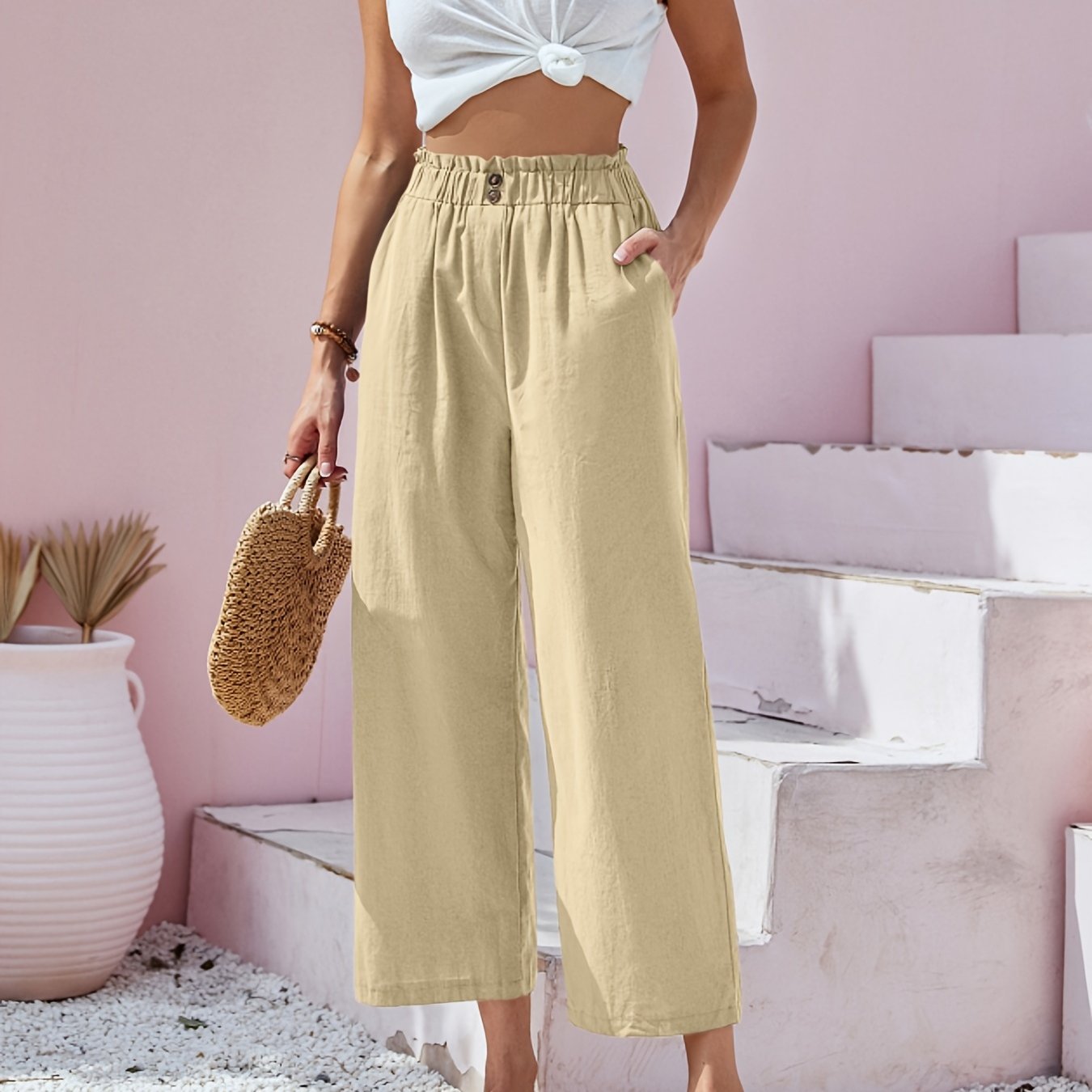 Button Front Wide Leg Pants Casual Loose Pants Spring Summer - Temu