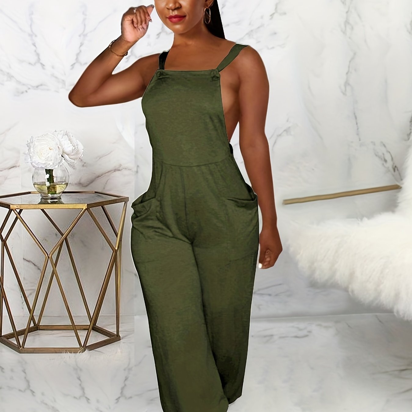 Backless Tie Dual Pockets Jumpsuit Sexy Sleeveless Jumpsuit - Temu