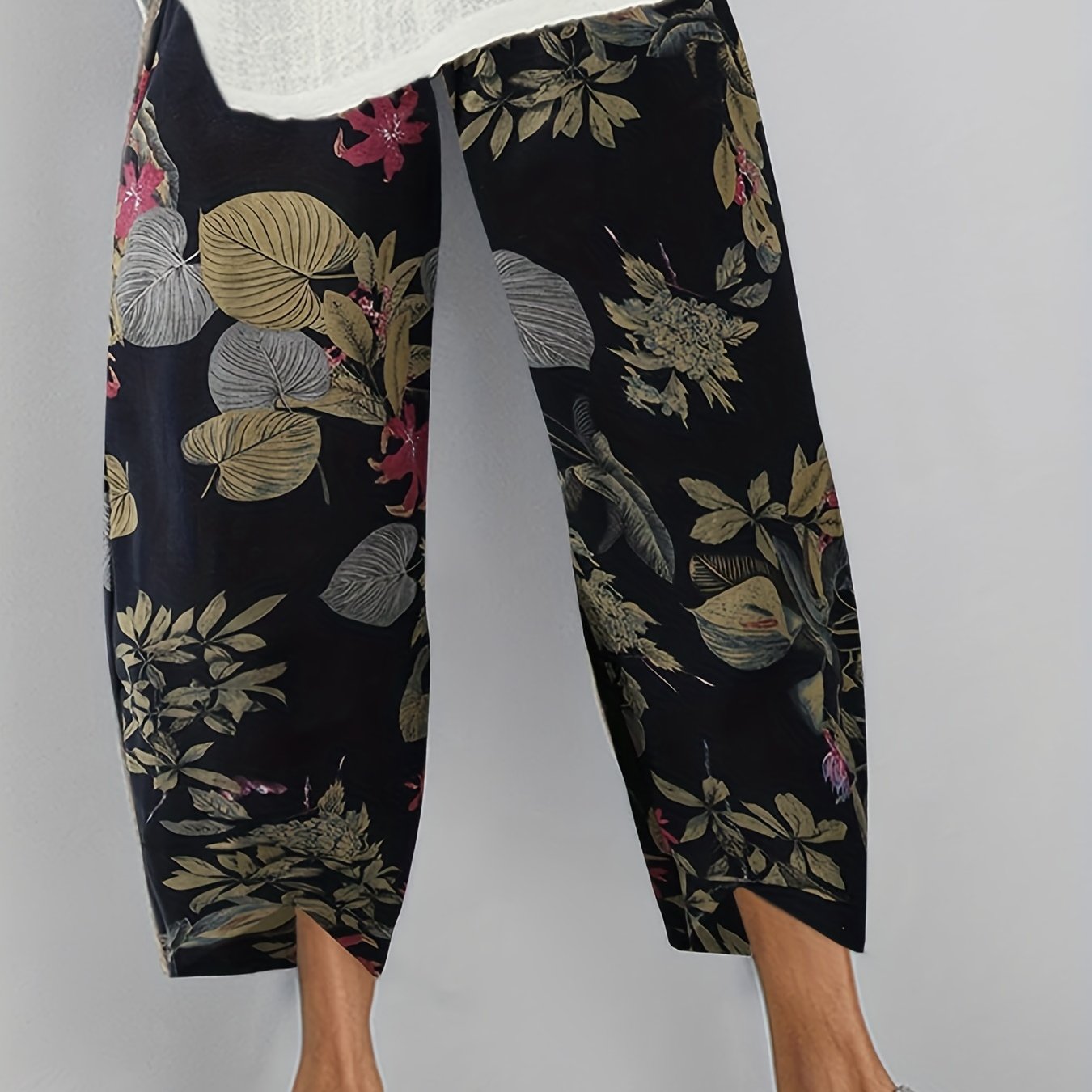 Plus size casual pants women s plus floral print high rise elastic