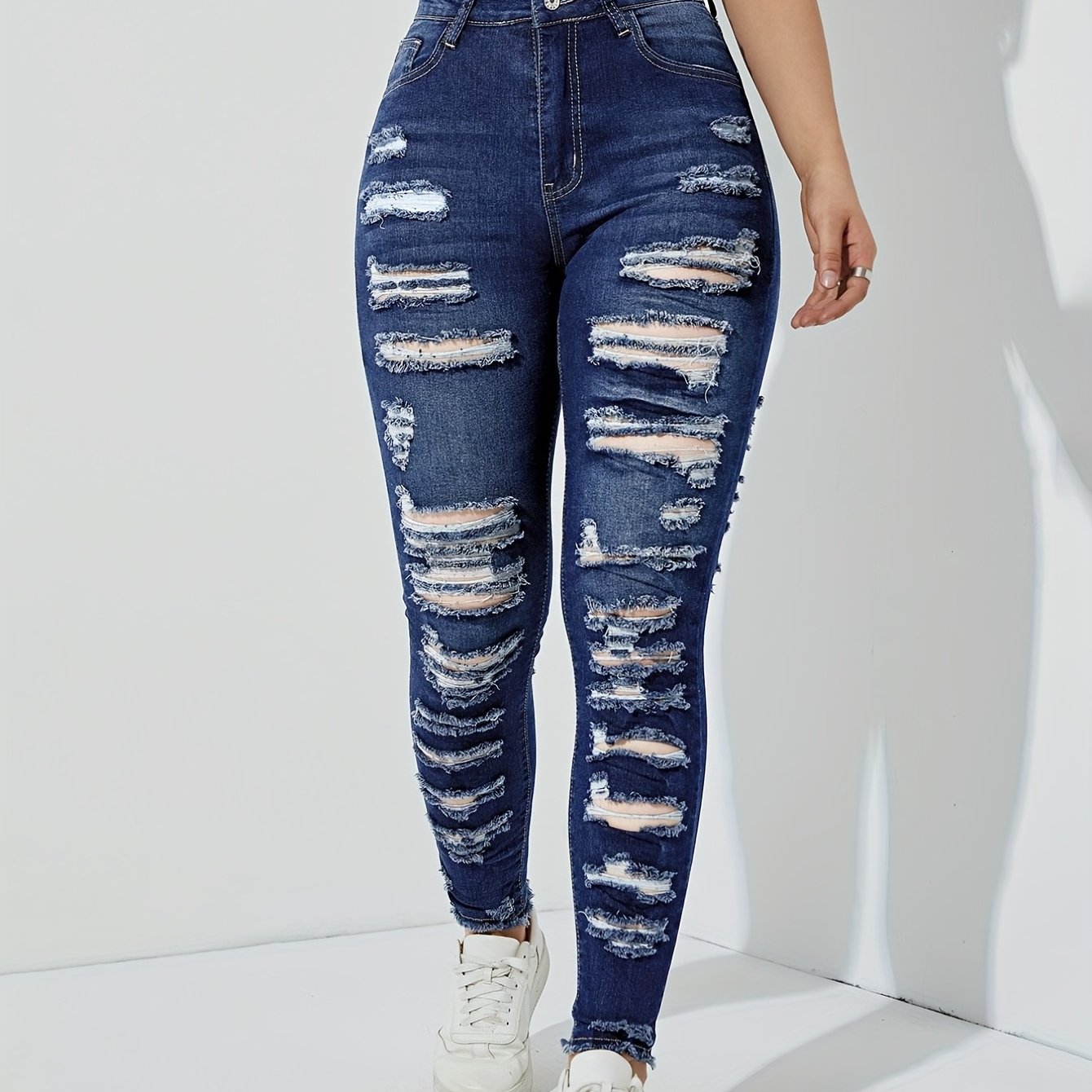 Blue Ripped Skinny Jeans, Distressed * Hem Slash Pockets Slim Fit High *  Denim Pants, Women's Denim Jeans & Clothing