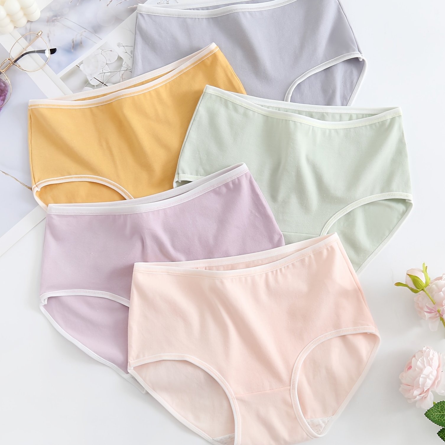 TEMU 5 Piezas De Bragas De Algodón Simples, Cómodas Y Transpirables, Bragas Elásticas De Tiro Medio, Lencería Y Ropa Interior Para Mujer