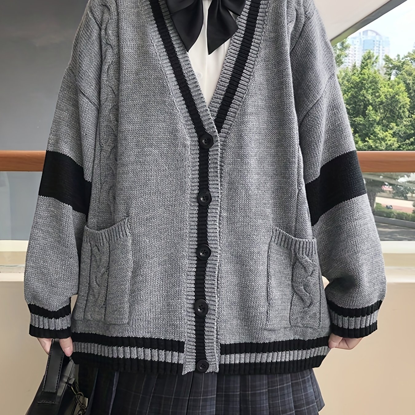 Image of Color Block Button Front Knit Cardigan, Elegant V Neck Long Sleeve Sweater For Fall & Winter, Women's Clothing