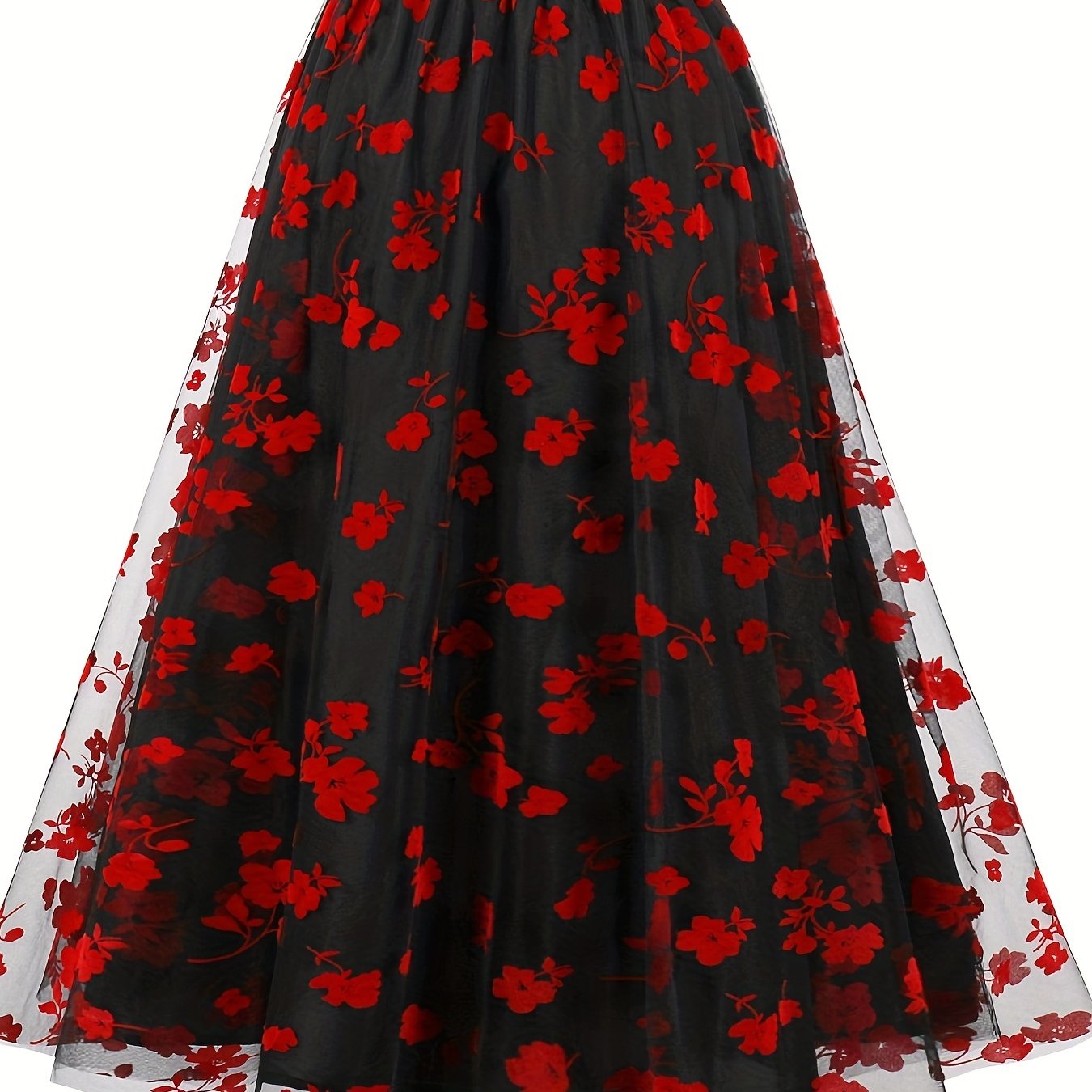 Black & Red Dress with Velvet Top, Red Sash and Black Floral Overlay Skirt,  Size S - Elements Unleashed