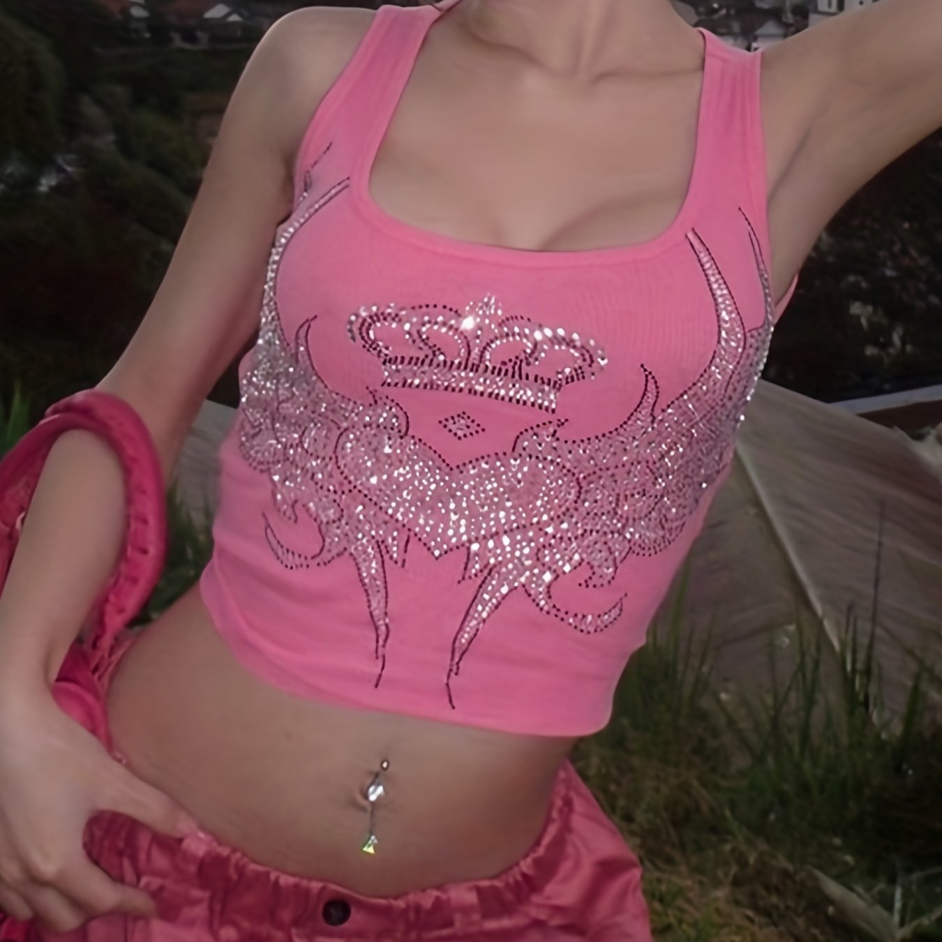 Rhinestone Winged Heart Ribbed Cropped Tank Top