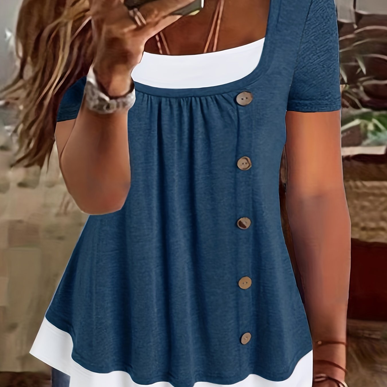 Image of Plus Size - Plus Size - New Women's Casual Short-sleeve T-shirt With Round Neck, Color- Design, Pleated Details, And Buttons For Cross-border Trade